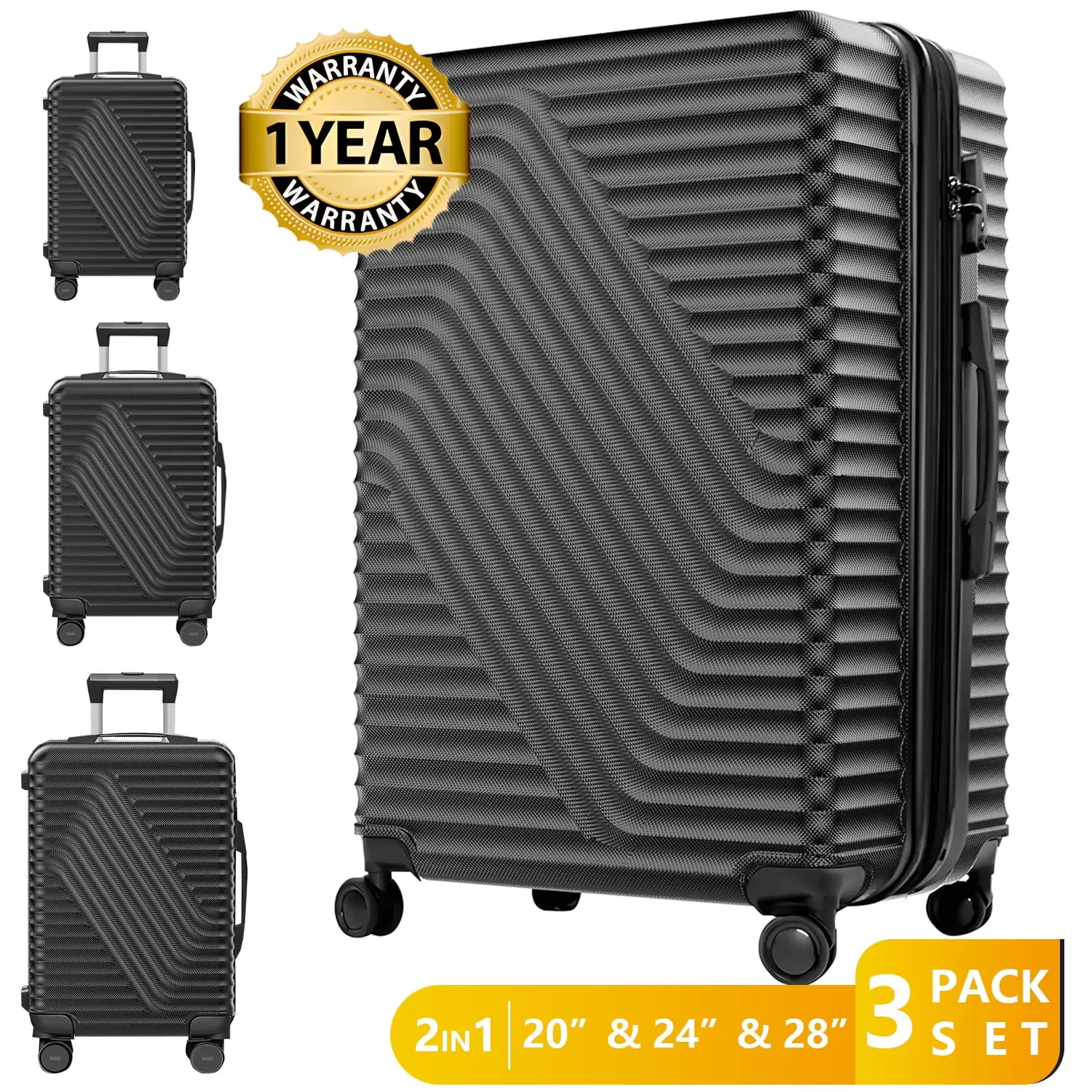 HONGGE Luggage Sets 3 Piece Luggage Set. Hardside Carry Travel Luggage Suitcase with Spinner Wheels TSA Lock. Black