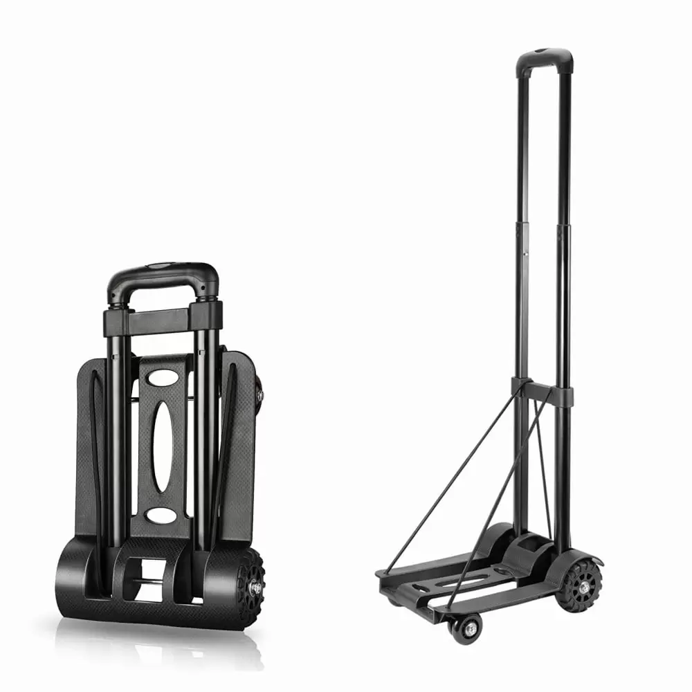 HadinEEon Folding Hand Truck. Heavy Duty 4-Wheel Solid Construction Utility Cart for Luggage. Lightweight Compact Portable Fold Up Dolly for Luggage. Travel. Shopping Moving. Office. Black