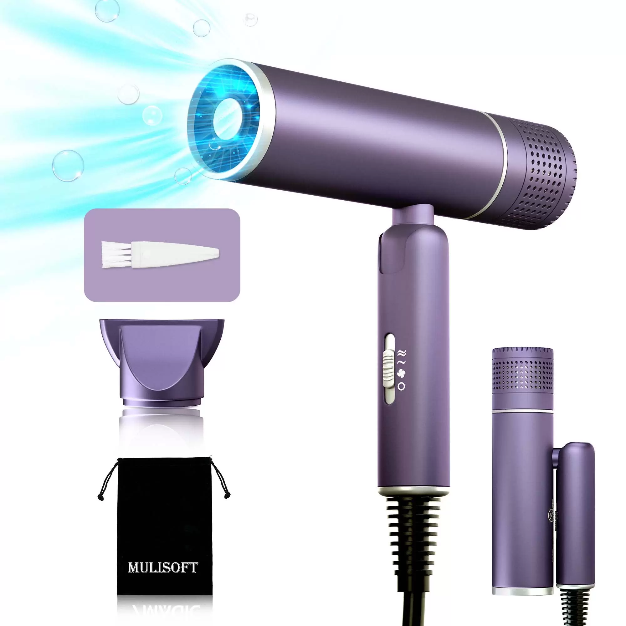 Hair Dryer for Women. Travel Hair Dryer. Powerful Ionic BlowDryer for Fast Drying. Lightweight Portable HairDryer. 3 Temperature 2 Speed Settings. Folding Handle for Compact with Storage Bag.Purple