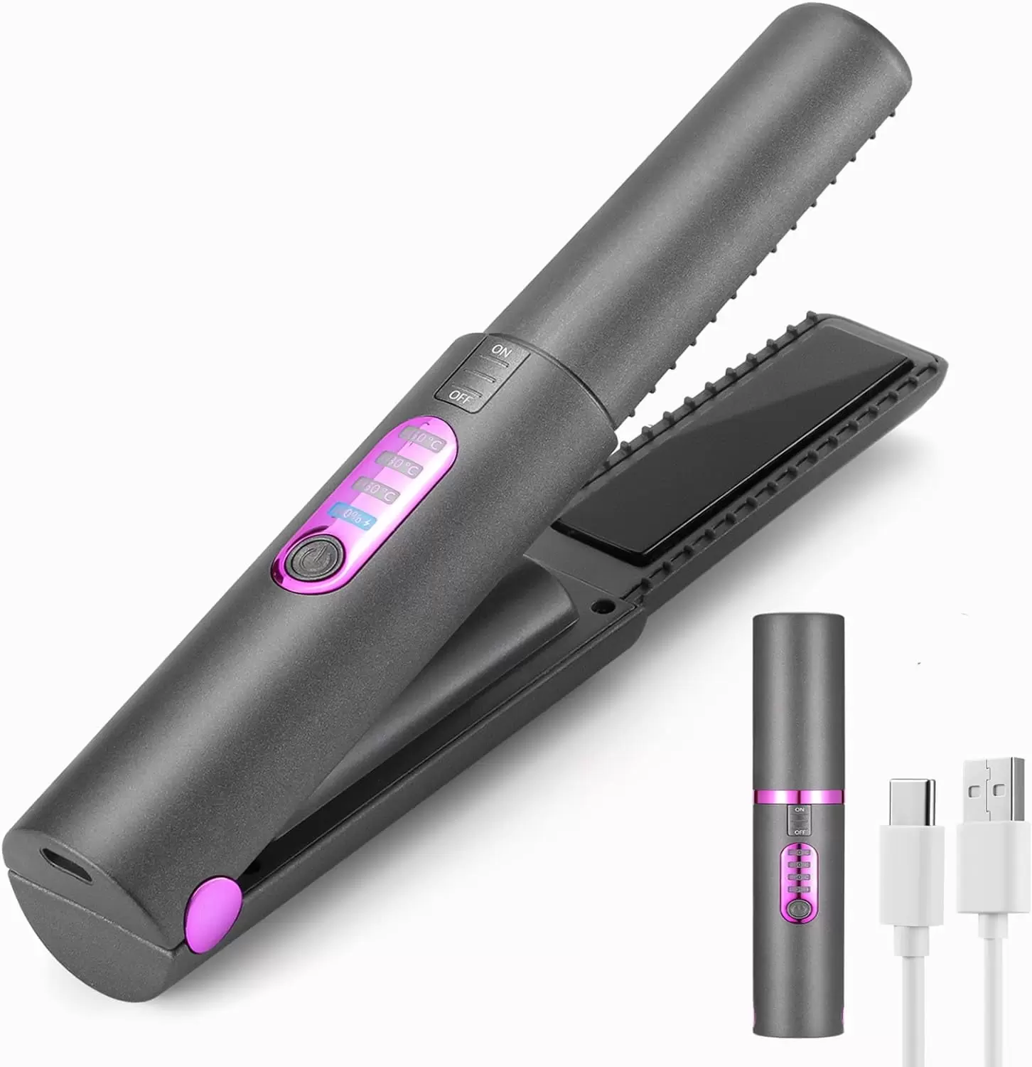 Hair Straightener (2023 New).Cordless Flat Iron.Portable Straightener for Hair.USB-C Rechargeable Ceramic Mini Flat Iron with 4800mA Battery. Adjustable Temperature. Travel Size (Grey)