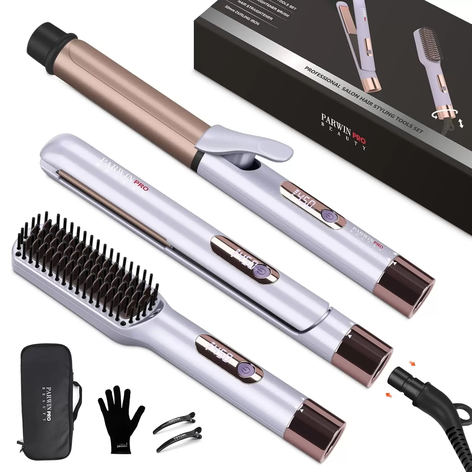 Hair Straightener and Curler. PARWIN PRO BEAUTY 1'' Flat Iron.1.25'' Curling Iron Hair Straightener Brush with Detachable Power Cord. LED Temp Control & Instant Heat Up. Dual Voltage. for Home Travel