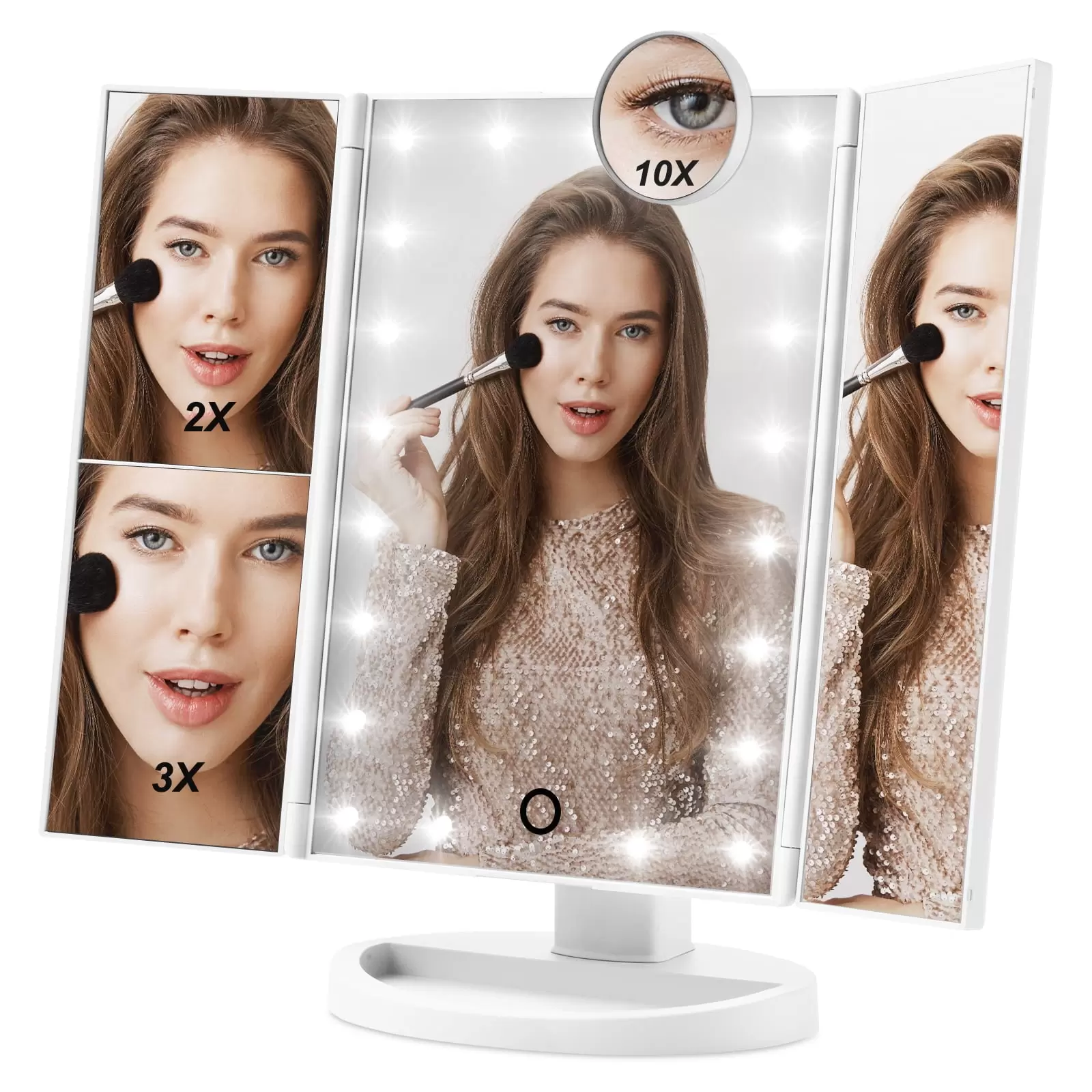 Hamswan Makeup Mirror with 21 LED Lights. Lighted Makeup Mirror w/ 10X 3X 2X Magnification. Tri-fold Vanity Mirror. Touch Screen. 180 Degree Rotation. Dual Power Supply for Woman Girls - White