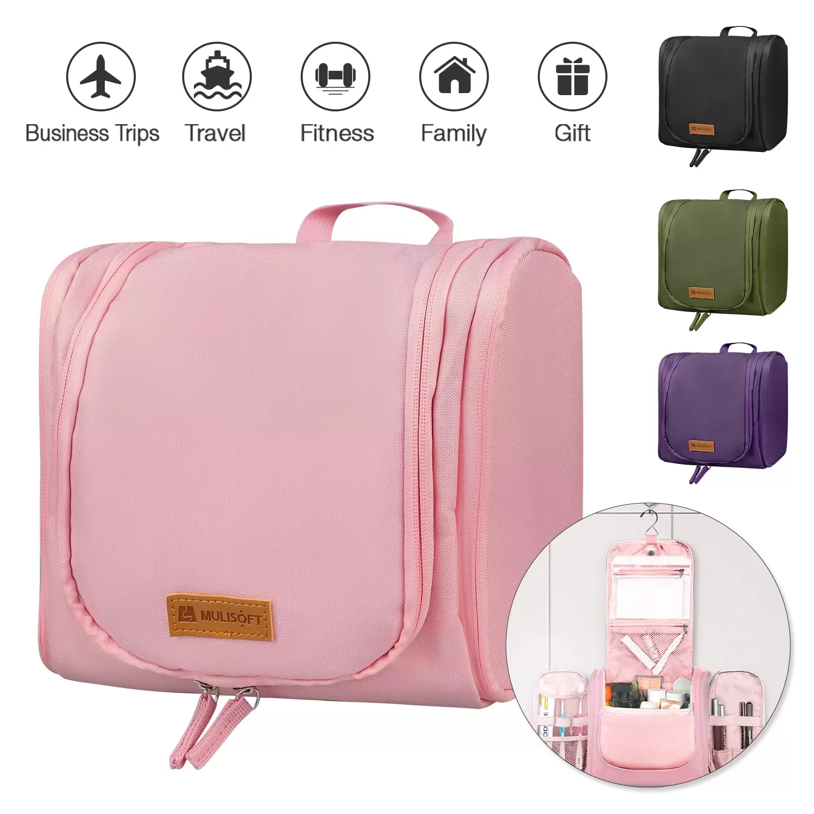 Hanging Toiletry Bag.Water-resistant Travel Makeup Bag.Travel Size Toiletries Men Women Kit Bag.Large Zipped Pouch Bag.Pink