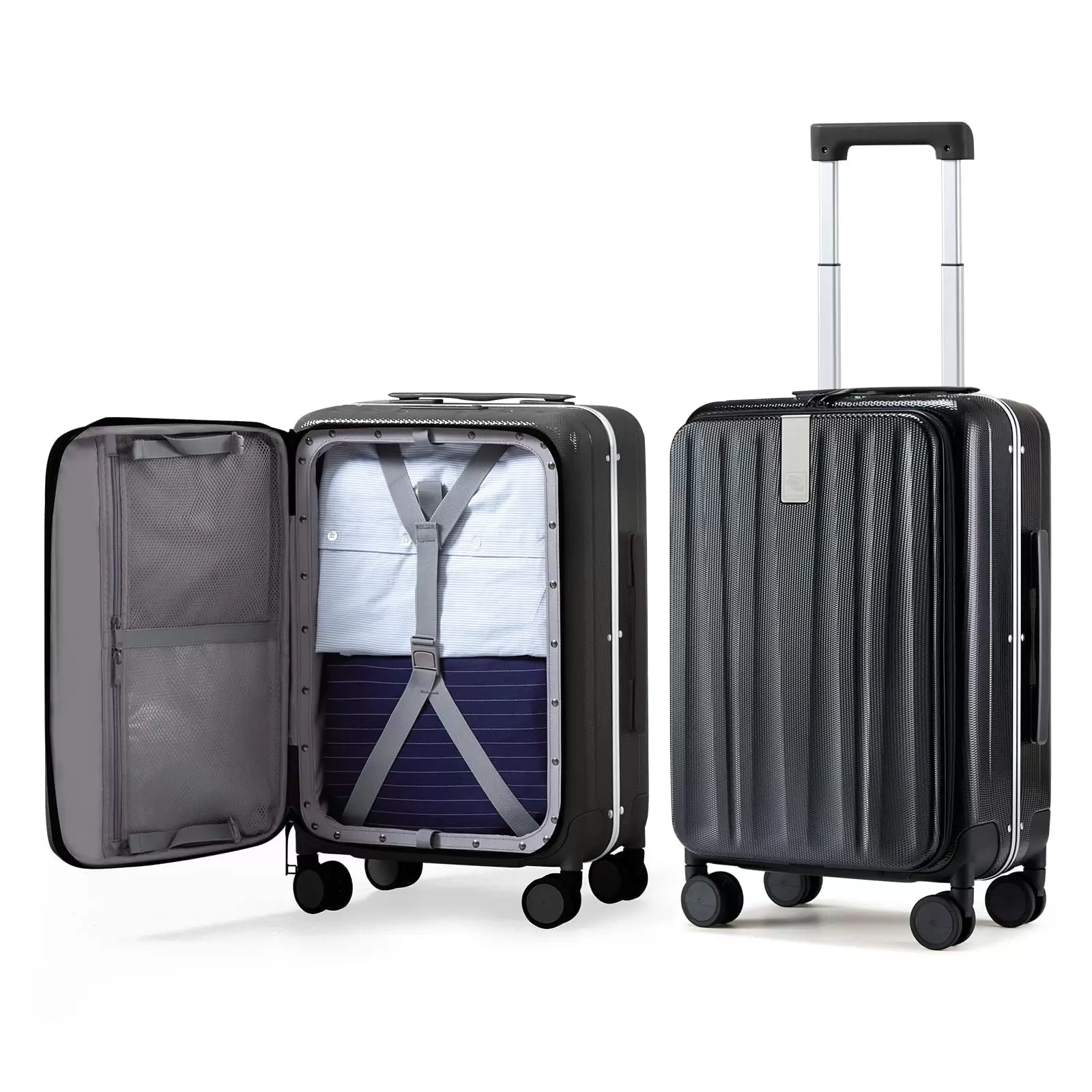 Hanke Carry On Luggage. Suitcase with Wheels & Front Opening. 20in Spinner Luggage Built in TSA Aluminum Frame PC Hardside Rolling Suitcases Travel Bag - Jet Black