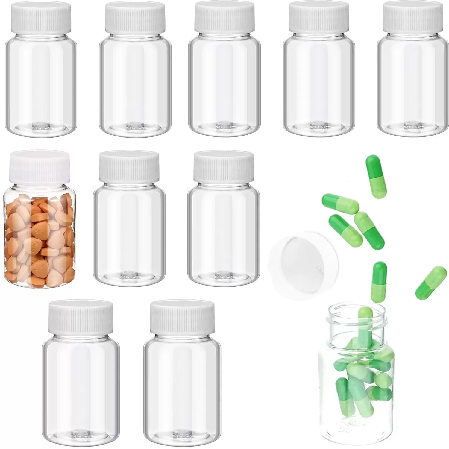 Happon 10 PCS Plastic Pill Bottles. 30ml Empty Plastic Bottles Portable Refillable Bottles Reusable Travel Bottles Small Clear Pill Containers with Lids for Liquid Solid Powder Dispense