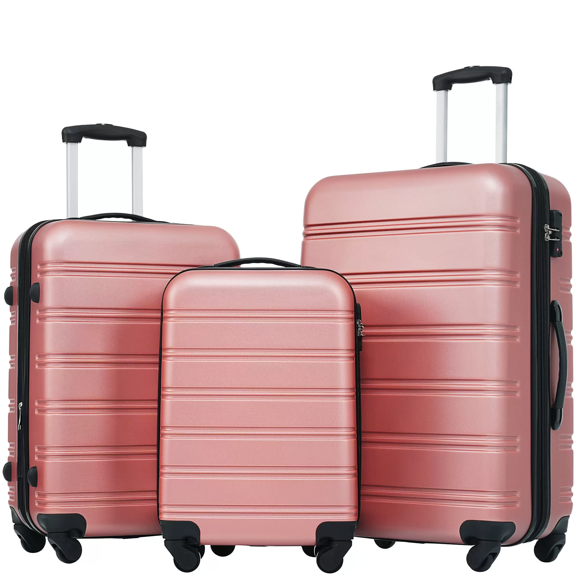 Hardside Luggage ABS 3 Piece Set. 20 Carry-on Luggage. 24 Checked Luggage and 28 Checked Luggage. Suitcase with Spinner Wheels. TSA Lock. Airline Approved. Rose Gold