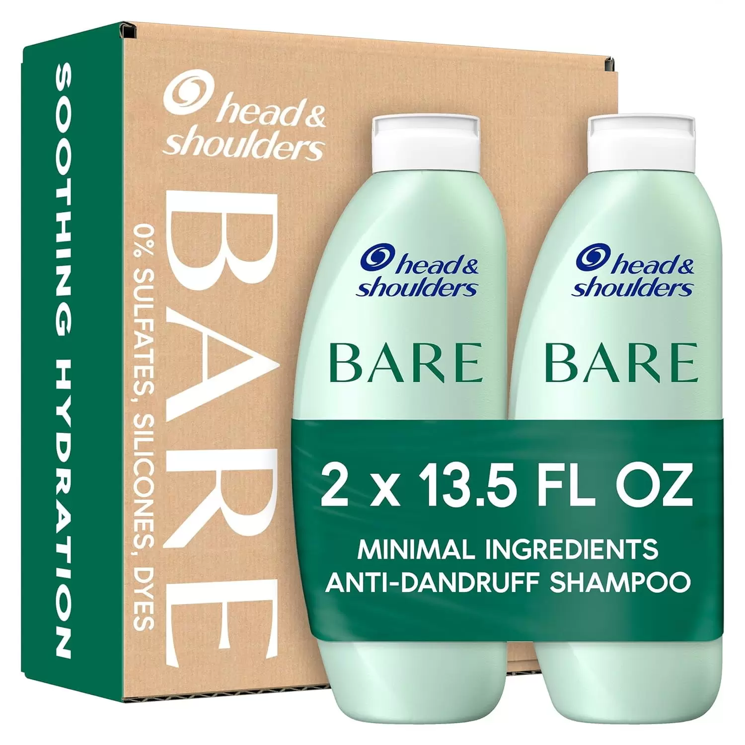 Head & Shoulders BARE Dandruff Shampoo. Sulfate Free Minimal Ingredients Anti Dandruff Shampoo. Soothing Hydration. Ecobottles with Less Plastic. Safe for All Hair Types. 13.5 fl oz each. Twin Pack