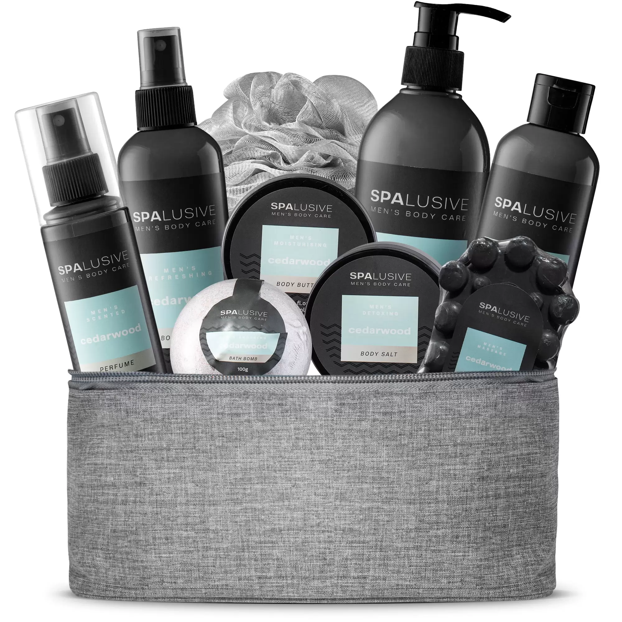 Home Spa Gift Basket for Men ?C 10-Piece Spa Kit with Hair & Body Wash. Body Lotion. Cologne. Body Soap. Detoxing Bath Salt. Loofah. & More in Giftable Travel Toiletry Bag ?C Gifts for Men by SpaLusive