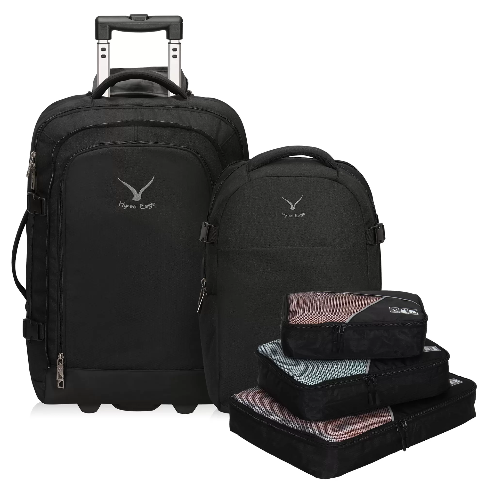 Hynes Eagle 3-in-1 Carry on Luggage Sets. 22 Rolling Backpack. 20L Removable Daypack. and 3PCS Packing Cubes Black