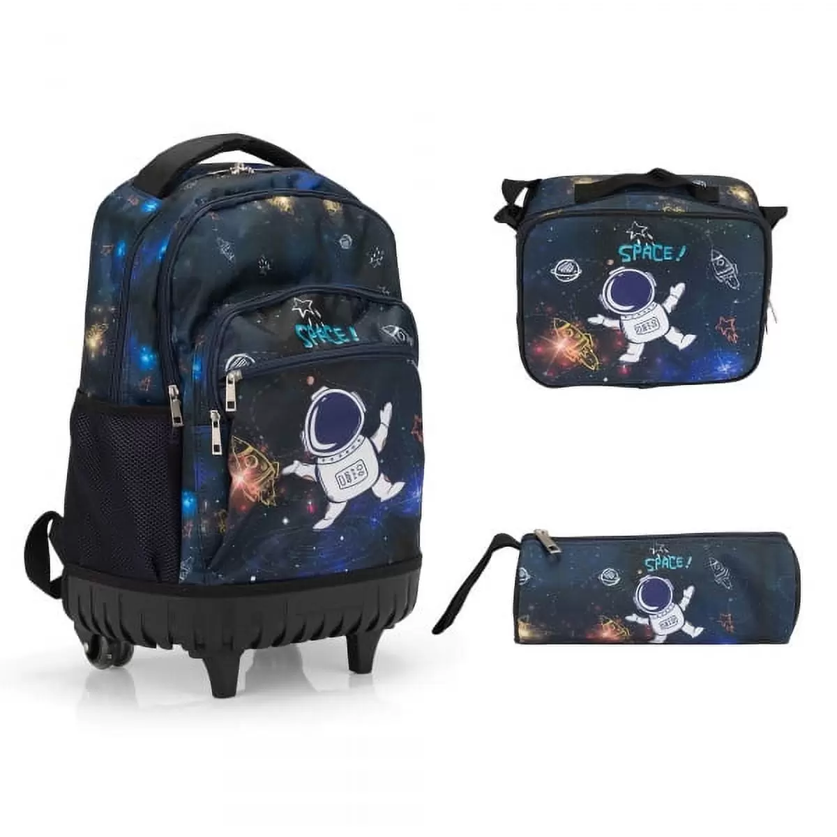 IMMERE 20-Inch 3PCS Kids Rolling Luggage Set. Trolley Backpack with Lunch Bag and Pencil Case for Girls / Boys. Suitcase with Astronaut Pattern