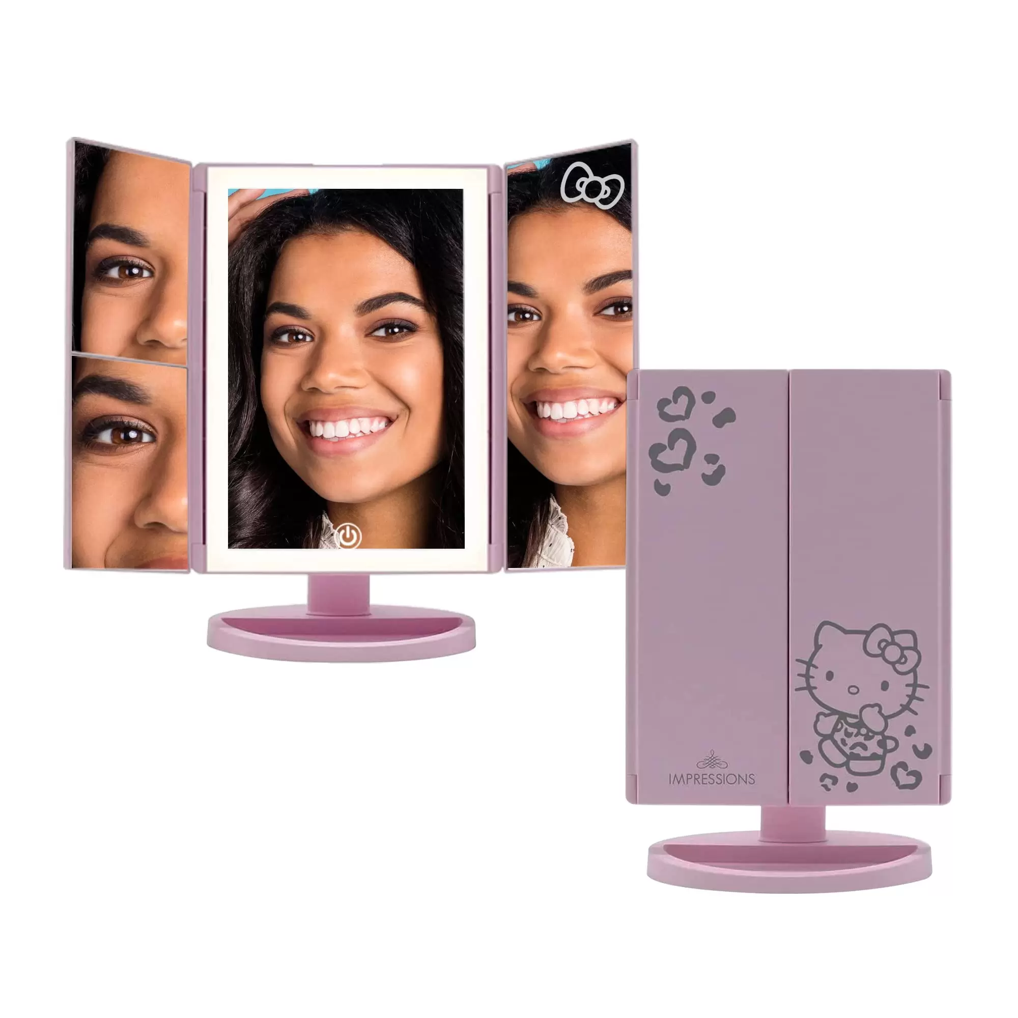 Impressions Makeup Vanity Hello Kitty. Trifold With LED Lights Tri-Tone Mirror with Touch Sensor and Three Adjustable Panels. Handheld Magnifying Mirror (Pink)