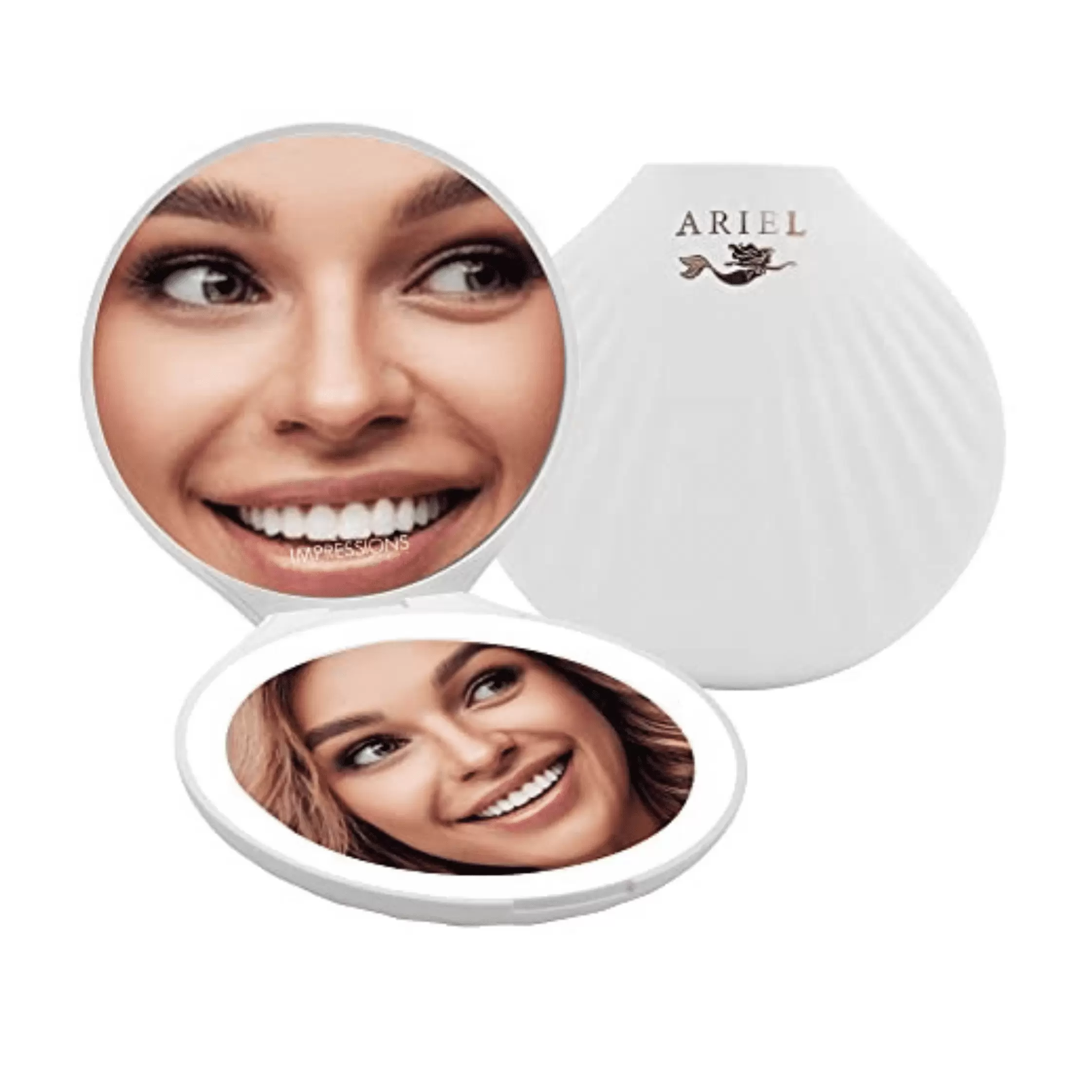 Impressions Vanity Compact Makeup Mirror Ariel Seashell with Adjustable Brightness. 2X Magnification (White)