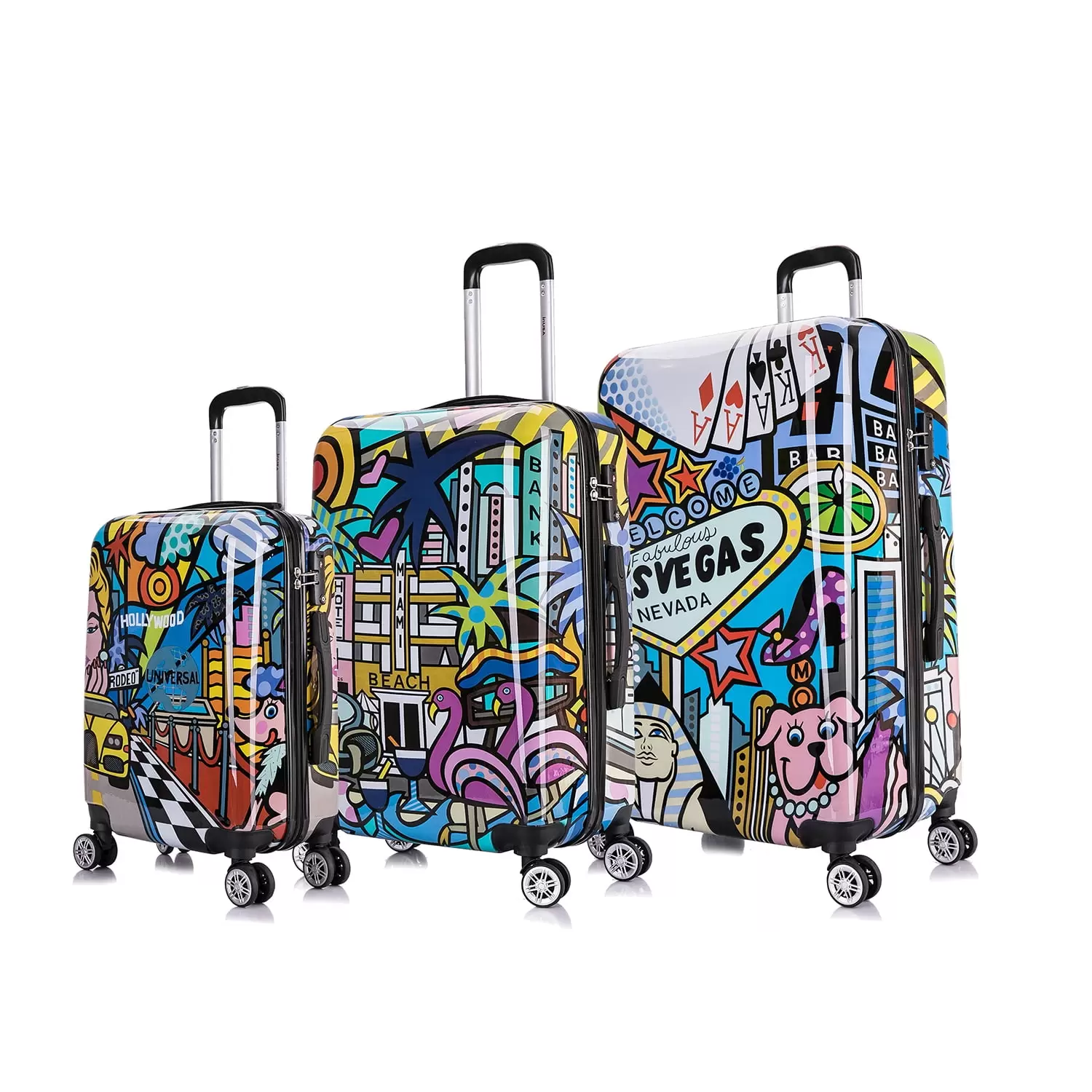 InUSA Print 3-Piece Hardside Luggage Sets with Spinner Wheels. Handle. Trolley. (20/24/28). Cities