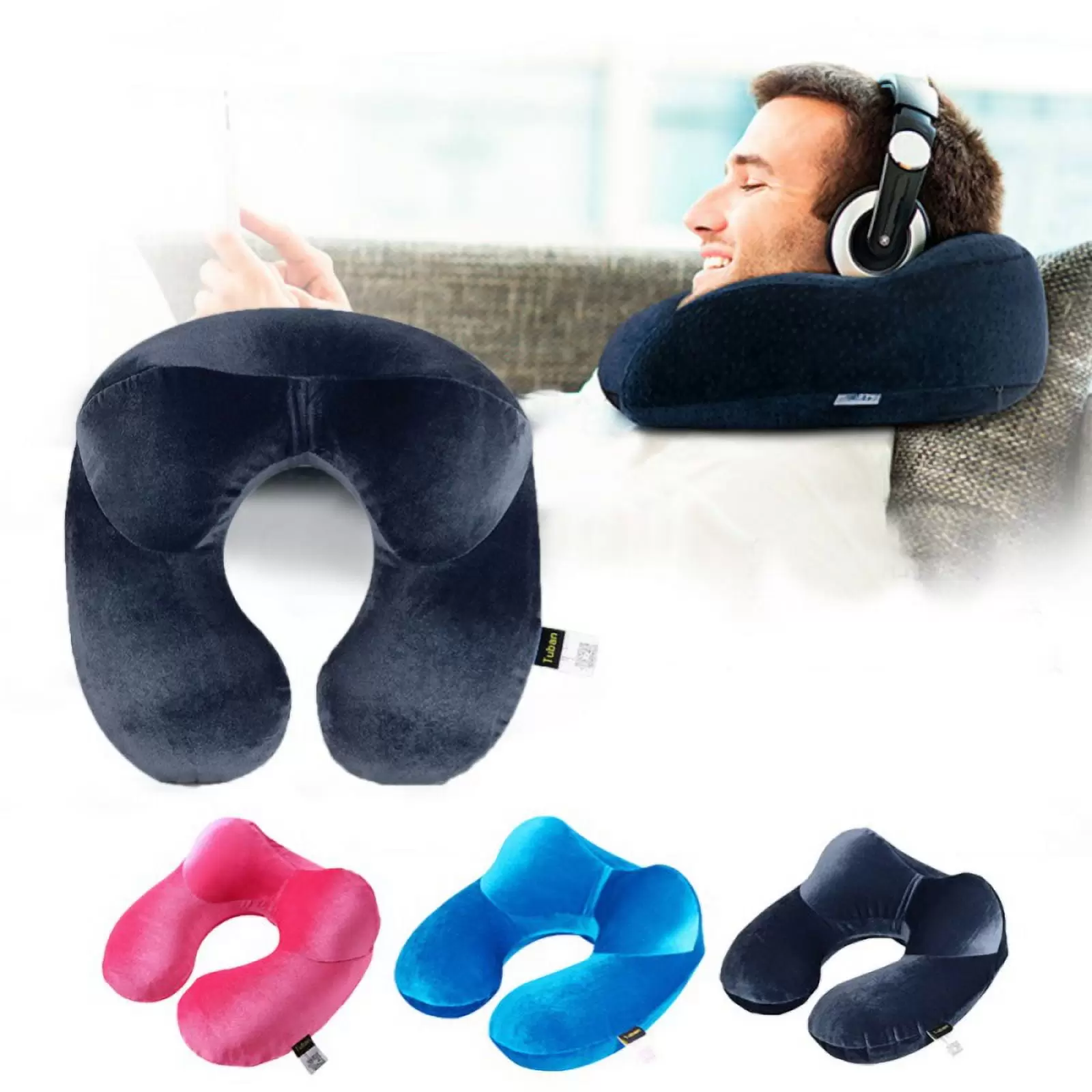 Inflatable Neck Travel Pillow - Luxuriously Soft Washable Cover and Compact Packsack with Travel Clip - for Lightweight Support in Airplane. Car. Train. Bus and Home