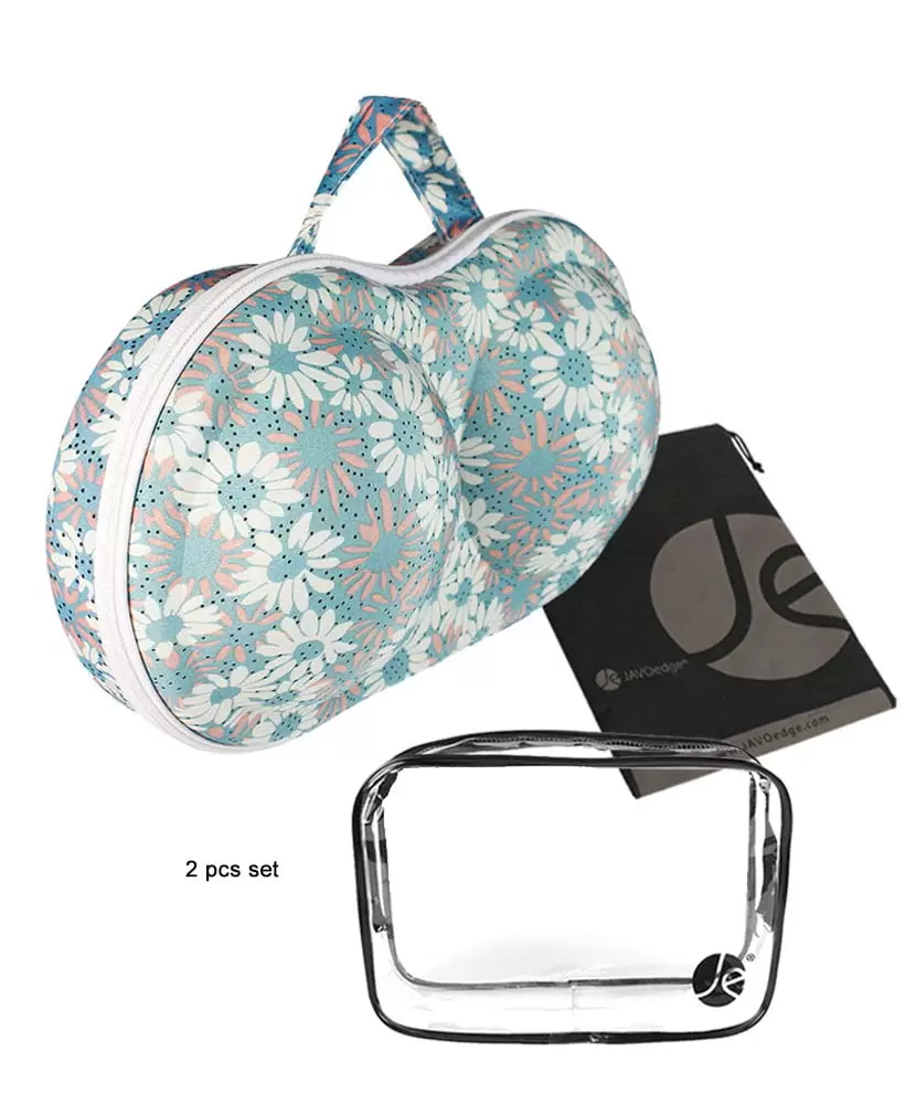 JAVOedge Blue Daisy Pattern Fabric Travel Bra Storage Case Plus 1 PCS PVC BAG with Zipper Closure and Carrying Handle