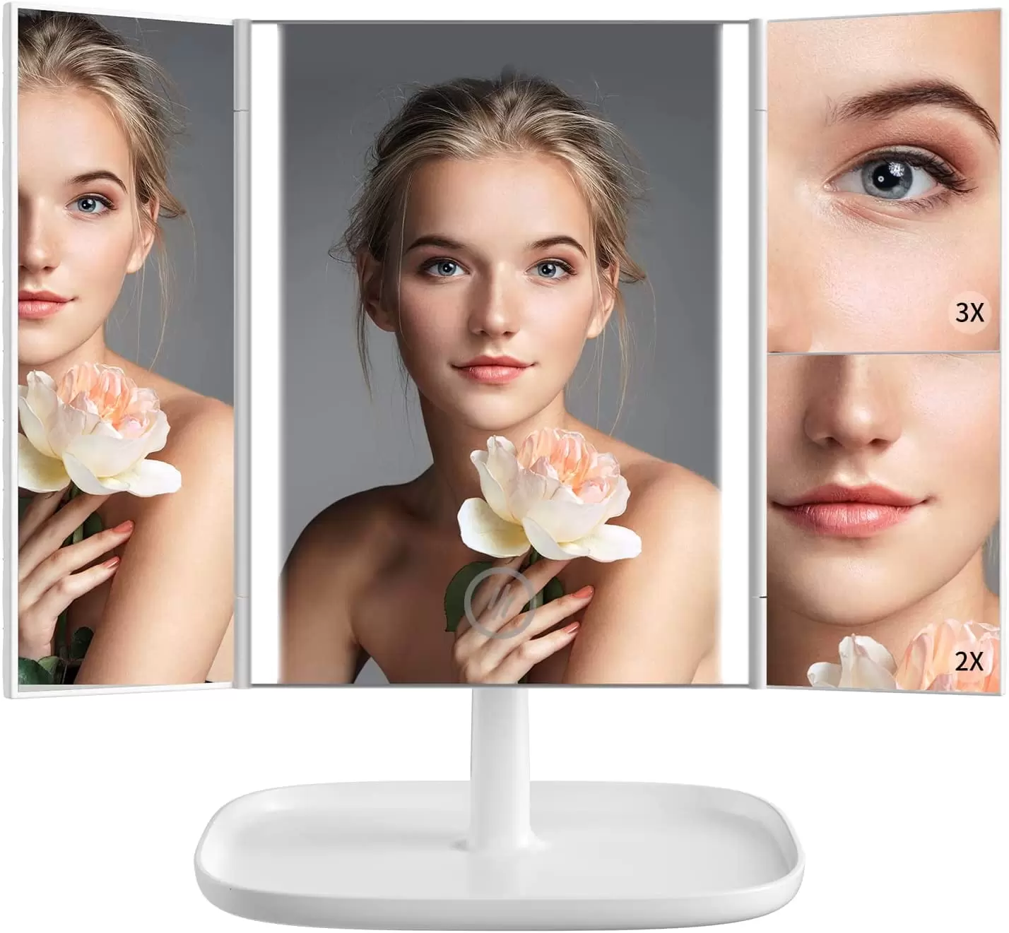 Juyafio Makeup Mirror Vanity Mirror with 52 LED Lights. 1x 2X 3X Magnification. Trifold Lighted Face Mirrors. Touch Control. with 360 Degree Adjustable Stand Portable. White