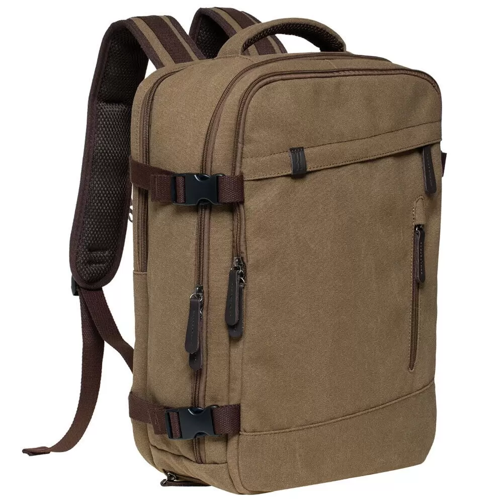 KAUKKO Thick Canvas Travel Backpack. Flight Approved Carry On Backpack with Shoe Pouch and 15.6 inch Laptop Compartment. 40L Luggage Casual Daypack Weekender Bag. 10-KHAKI