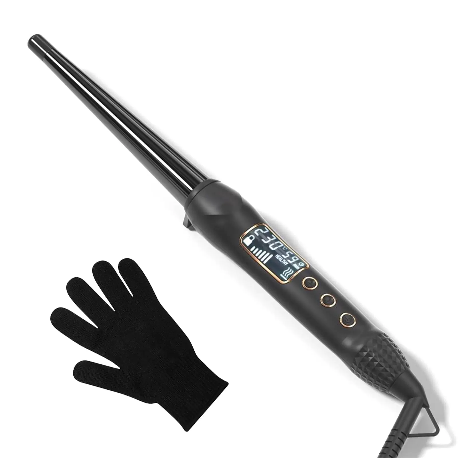 KIPOZI Pro Travel Size 1/2 to 1 Ceramic Conical Hair Curling Wand with Heat Resistant Glove. Black