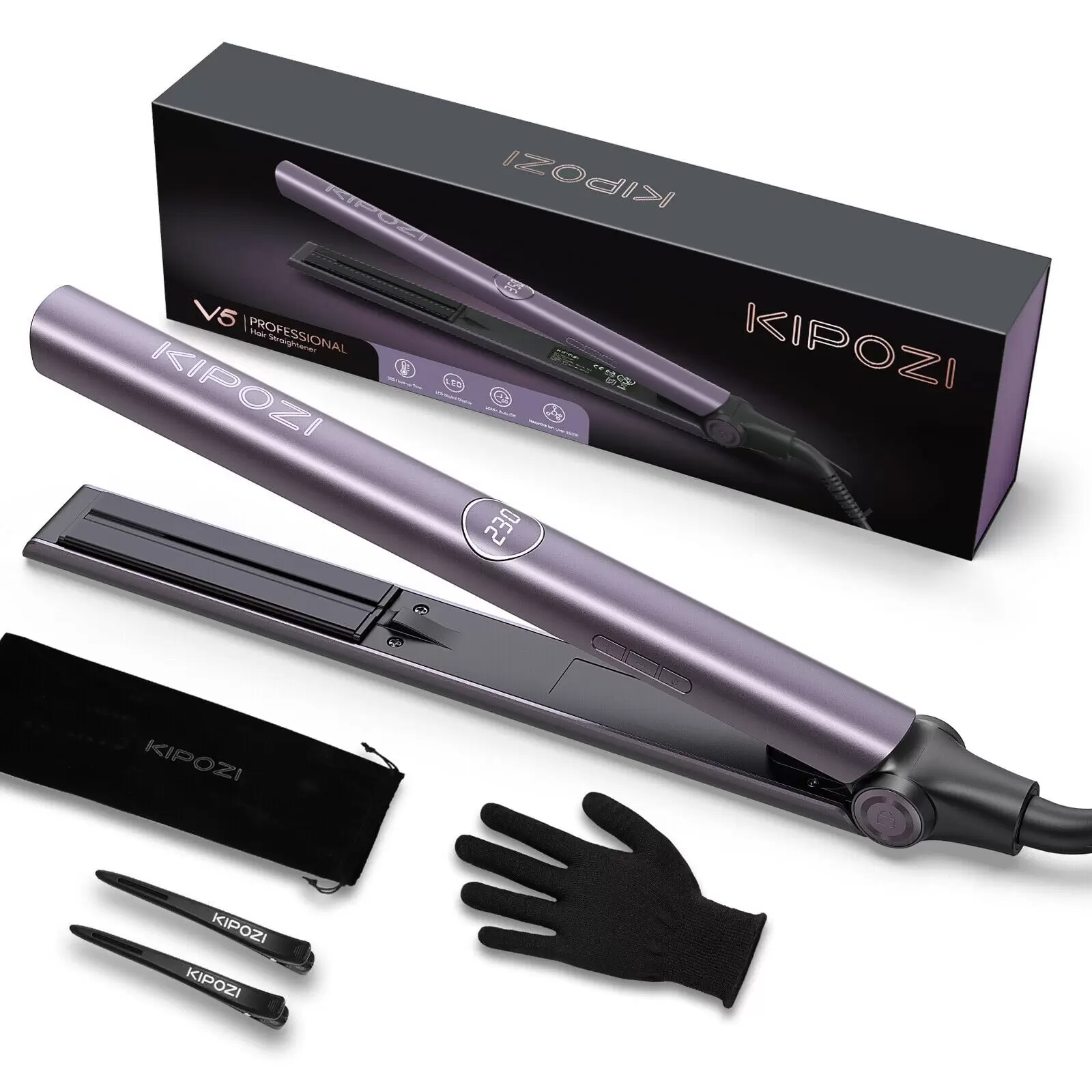 KIPOZI V5 Travel Size Professional 1 Titanium 2 in 1 Flat Iron Hair Straightener. Ionic. Purple