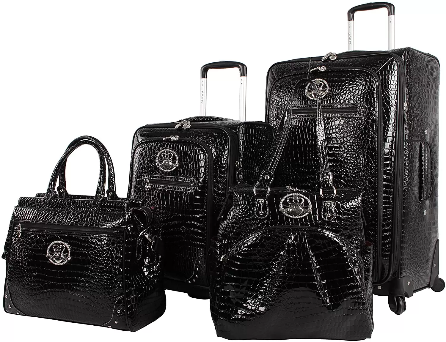 Kathy Van Zeeland Croco PVC Designer Luggage - 4 Piece Softside Expandable Lightweight Spinner Suitcases - Travel Set includes a Dowel and Shopper Bags. 20-Inch Carry On & 28-Inch Suitcase (Black) One Size Black