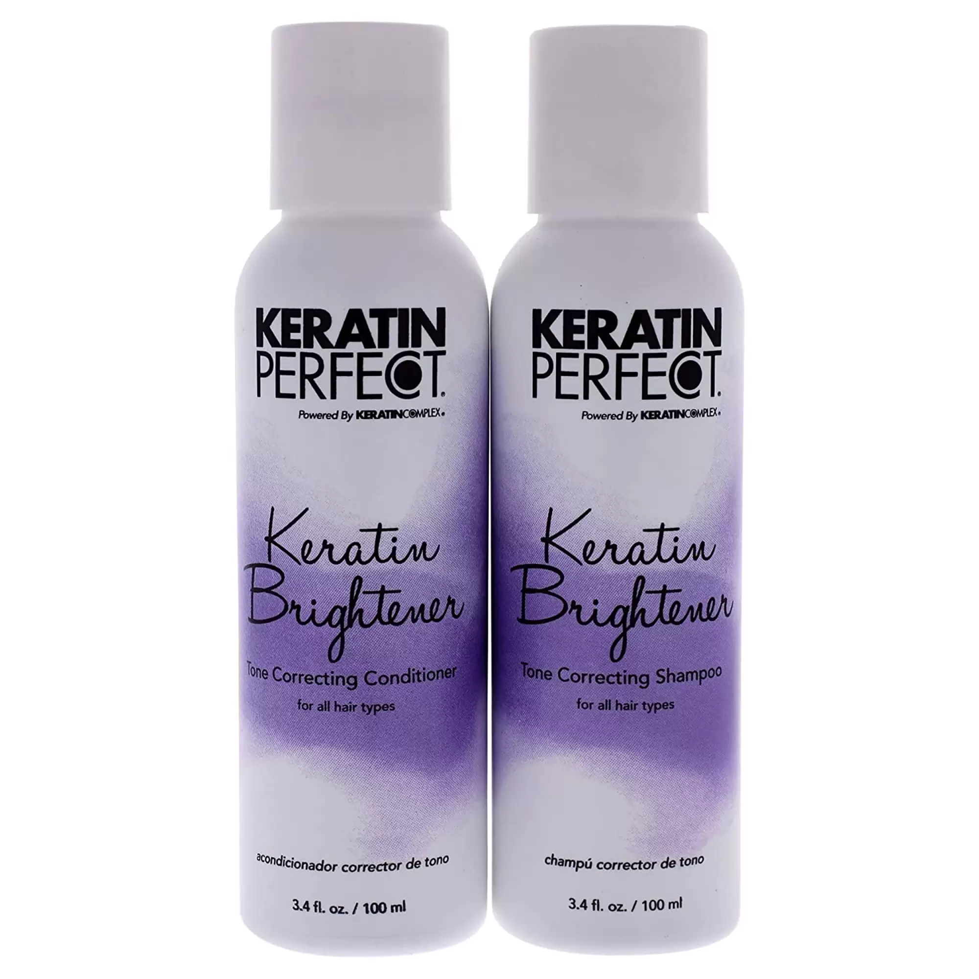 Keratin Perfect Brightener Travel Duo. Shampoo & Conditioner. Nourishes & Protects. Prolongs Keratin Treatment. No Added Sulfates/Sodium Chloride. 3.4 oz Shampoo/Conditioner