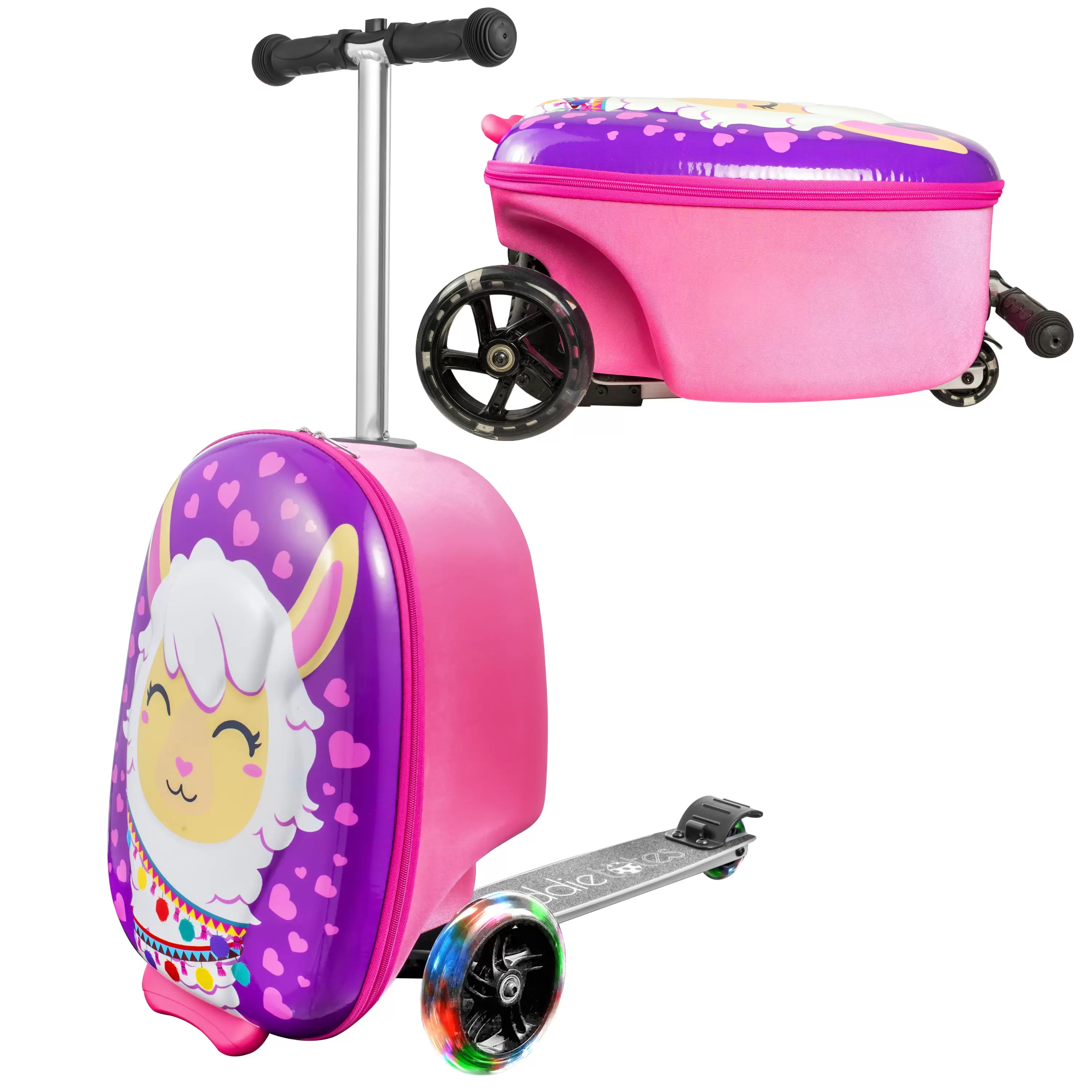 Kiddietotes Llama 3D Hard Shell Scooter Ride-On Suitcase for Kids - Light-Up Wheels - 19.5 Tall Hardcase Luggage