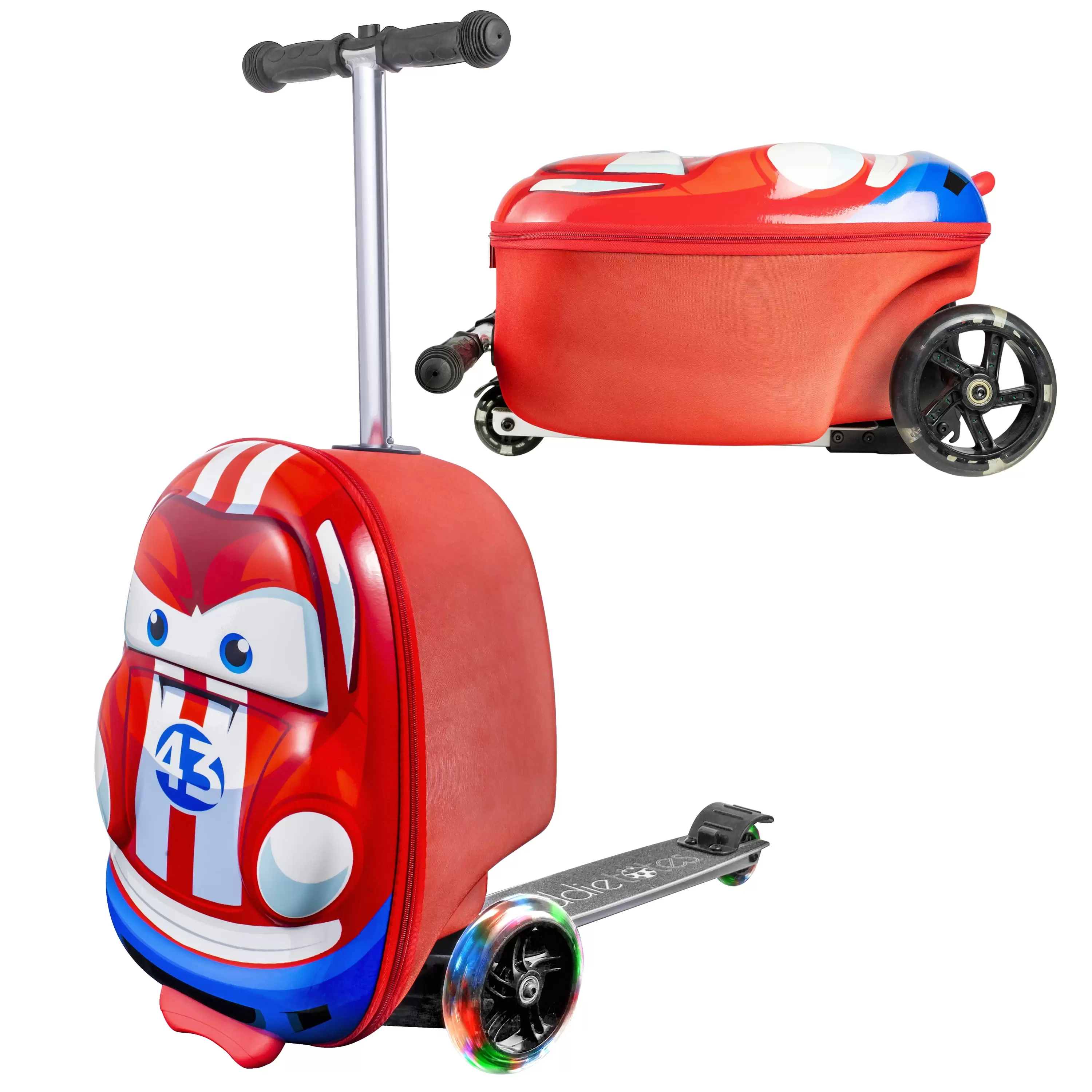 Kiddietotes Race Car 3D Hard Shell Scooter Ride On Suitcase for Kids with Light Up Wheels