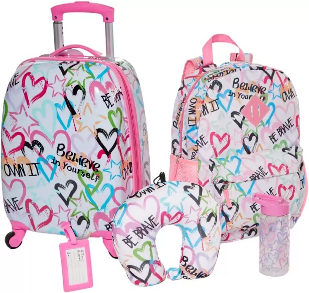 Kids Luggage Girls Suitcase Set Backpack Neck Pillow Water Bottle and Luggage Tag 5 Pc