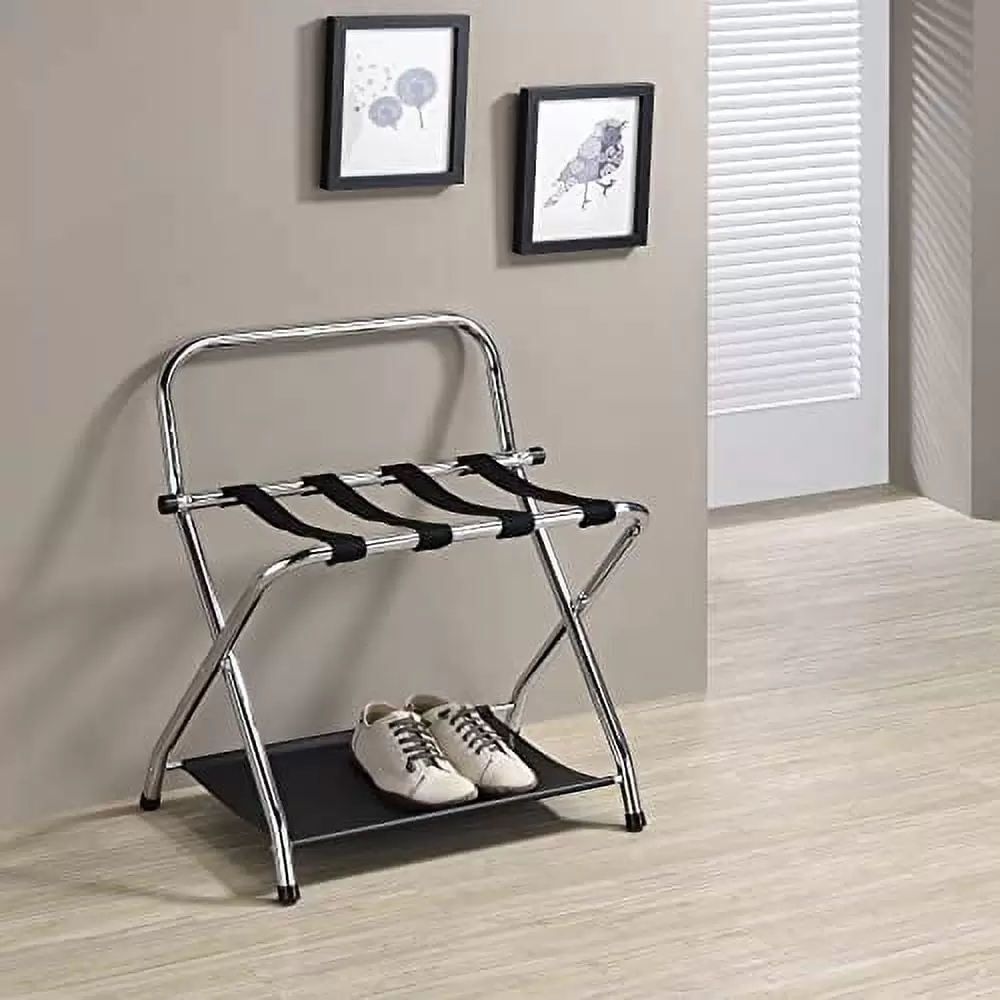 Kings Brand Furniture - Folding Metal Luggage Rack with Storage Shelf for Guest Room. Bedroom. Hotel. Chrome