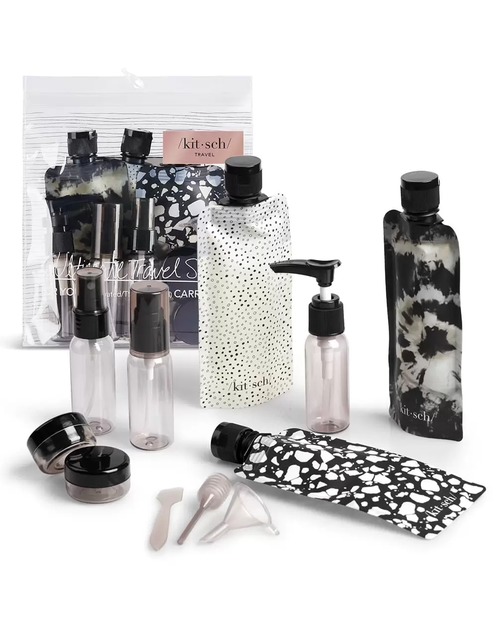 Kitsch Ultimate Travel Bottles Set. Reusable Materials - 11pcs(Black & Ivory)