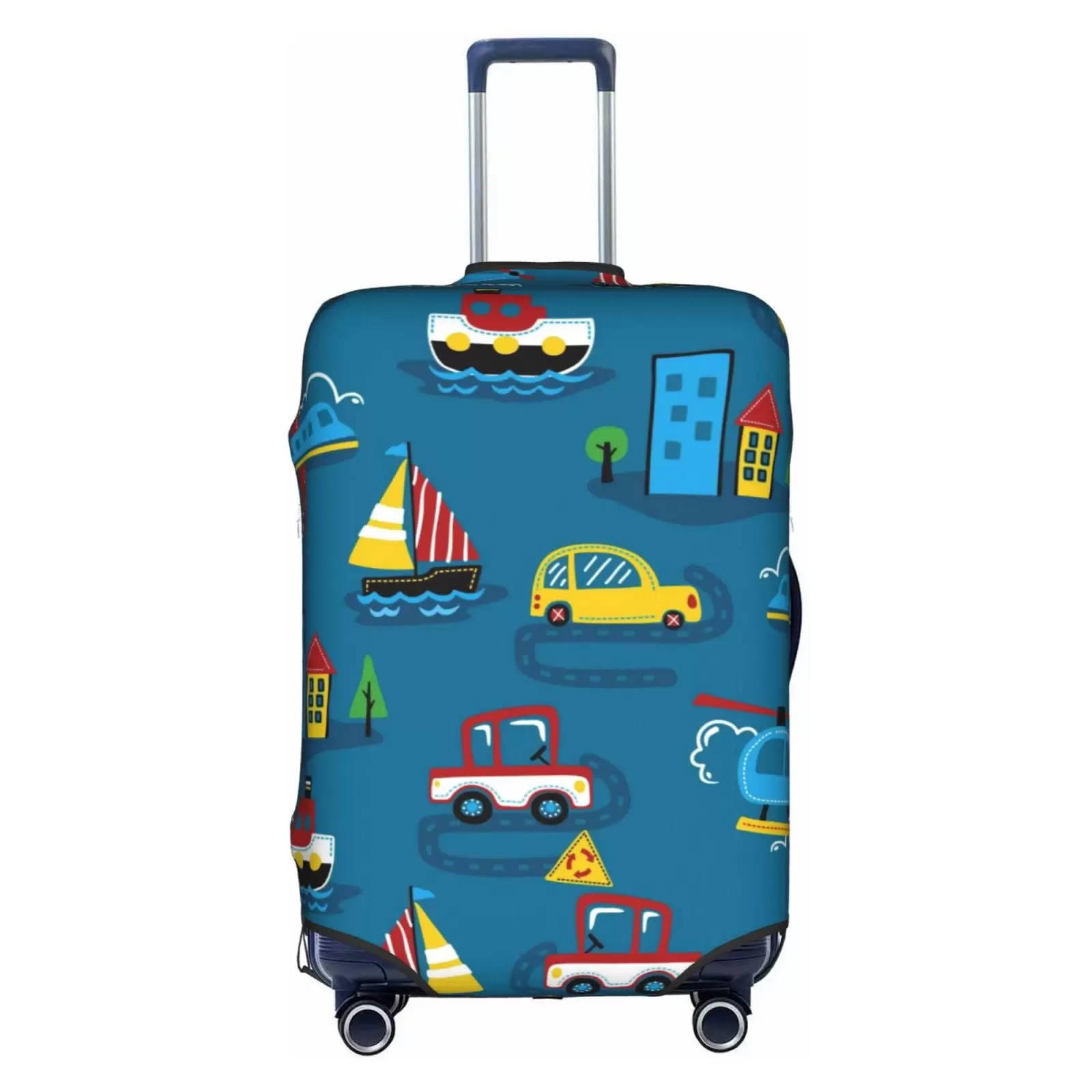 Kll Transportations With Buildings.Cartoon Transportations Luggage Cover Suitcase Cover Suitcase Protector-Small