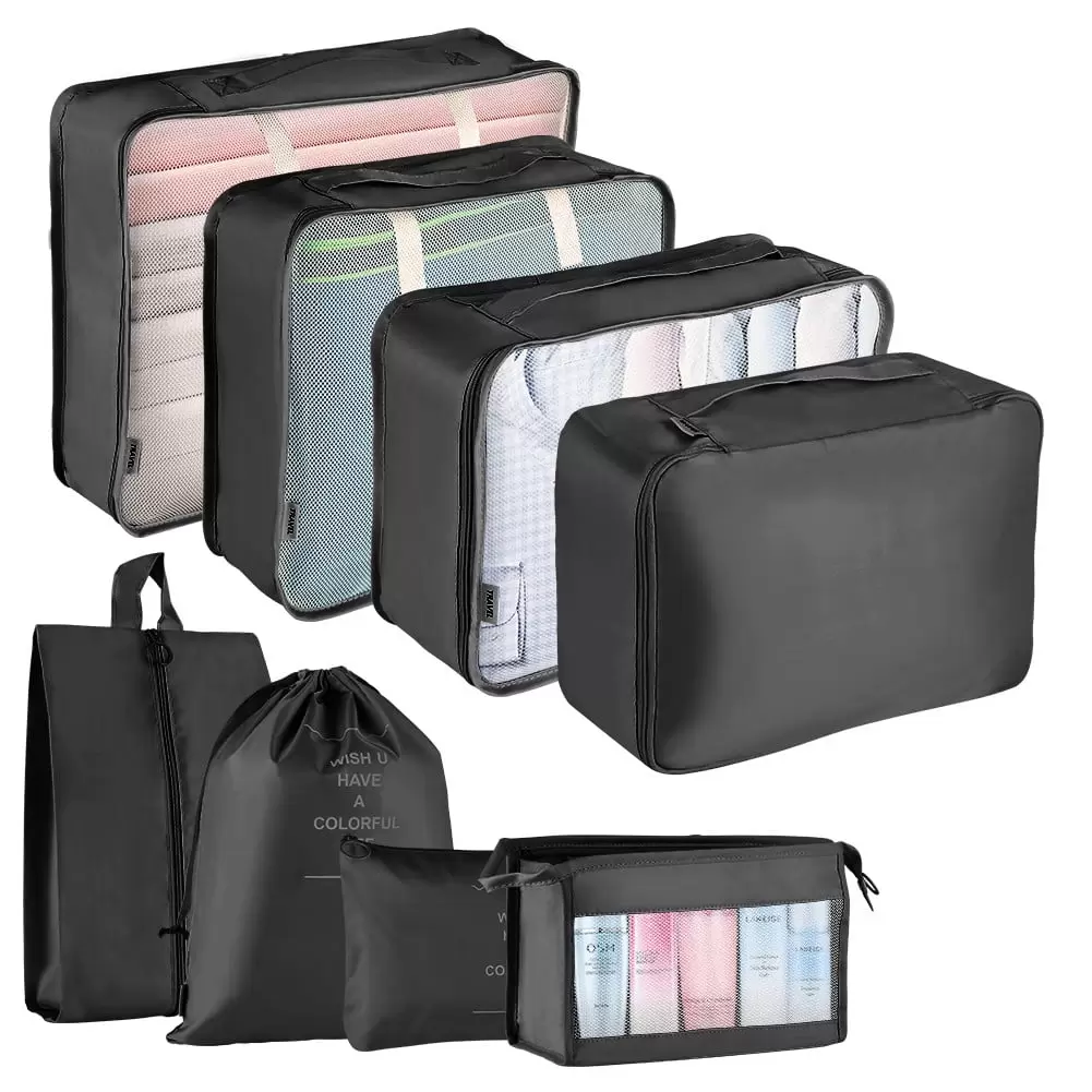 Koovon Packing Cubes for Travel. 8Pcs Travel Cubes Set Foldable Suitcase Organizer Lightweight Luggage Storage Bag. Black