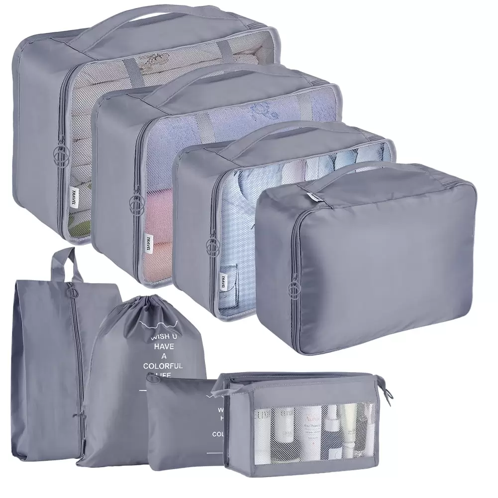 Koovon Packing Cubes for Travel. 8Pcs Travel Cubes Set Foldable Suitcase Organizer Lightweight Luggage Storage Bag. Gray