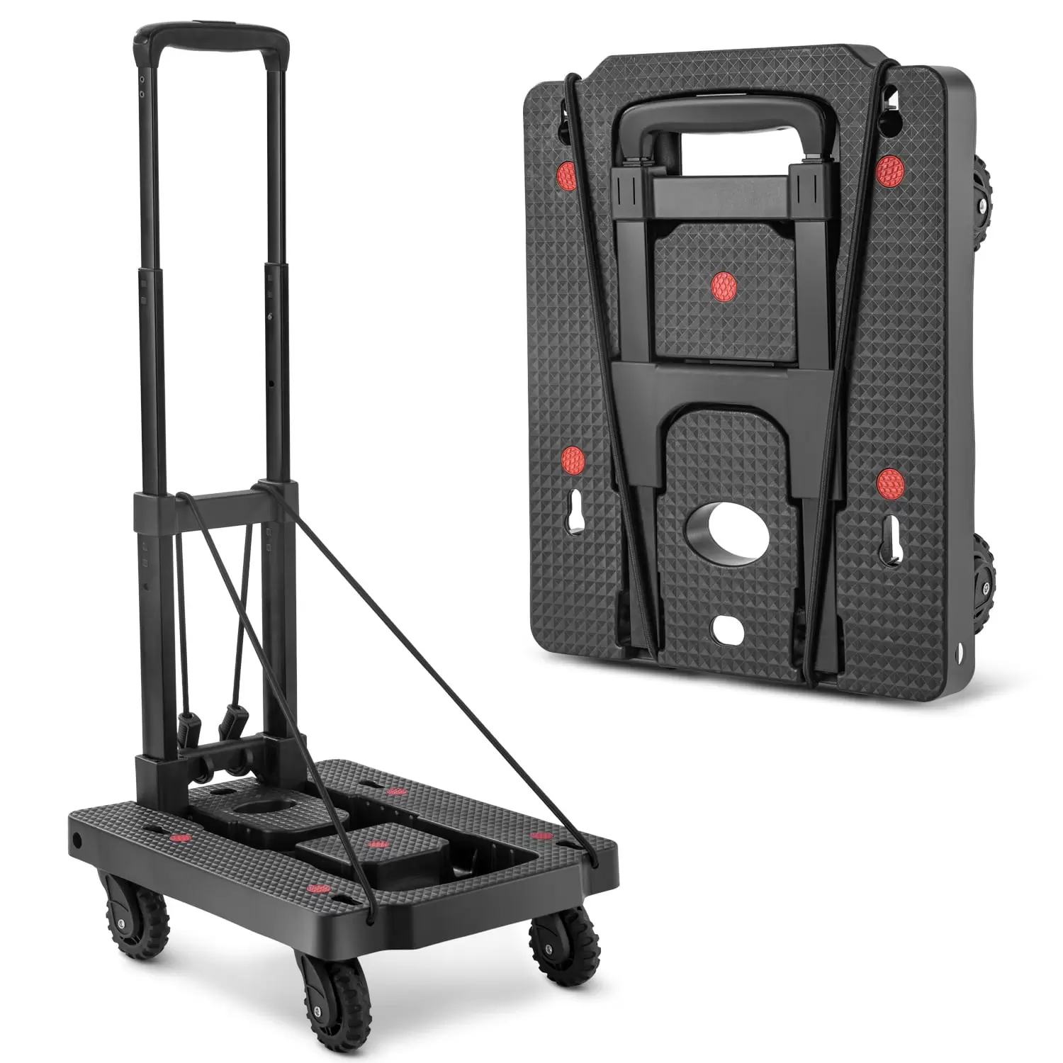 Kostanzo Folding Hand Truck - Lightweight Dolly Cart with 4 Wheels & 2 Elastic Straps. Collapsible Luggage Cart with Adjustable Handle of 3 Levels