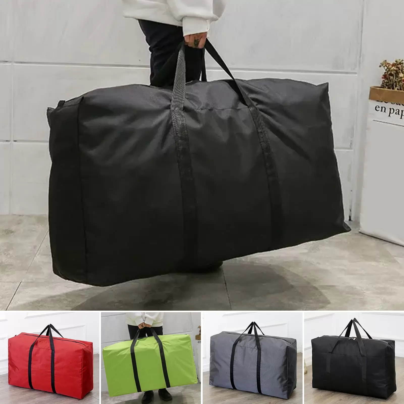 Kripyery Duffle Bag Large Capacity Reusable Strong Load Bearing Moisture-proof Zipper Closure Storage Splash-proof Thin Portable Moving Luggage Bag Travel Supplies