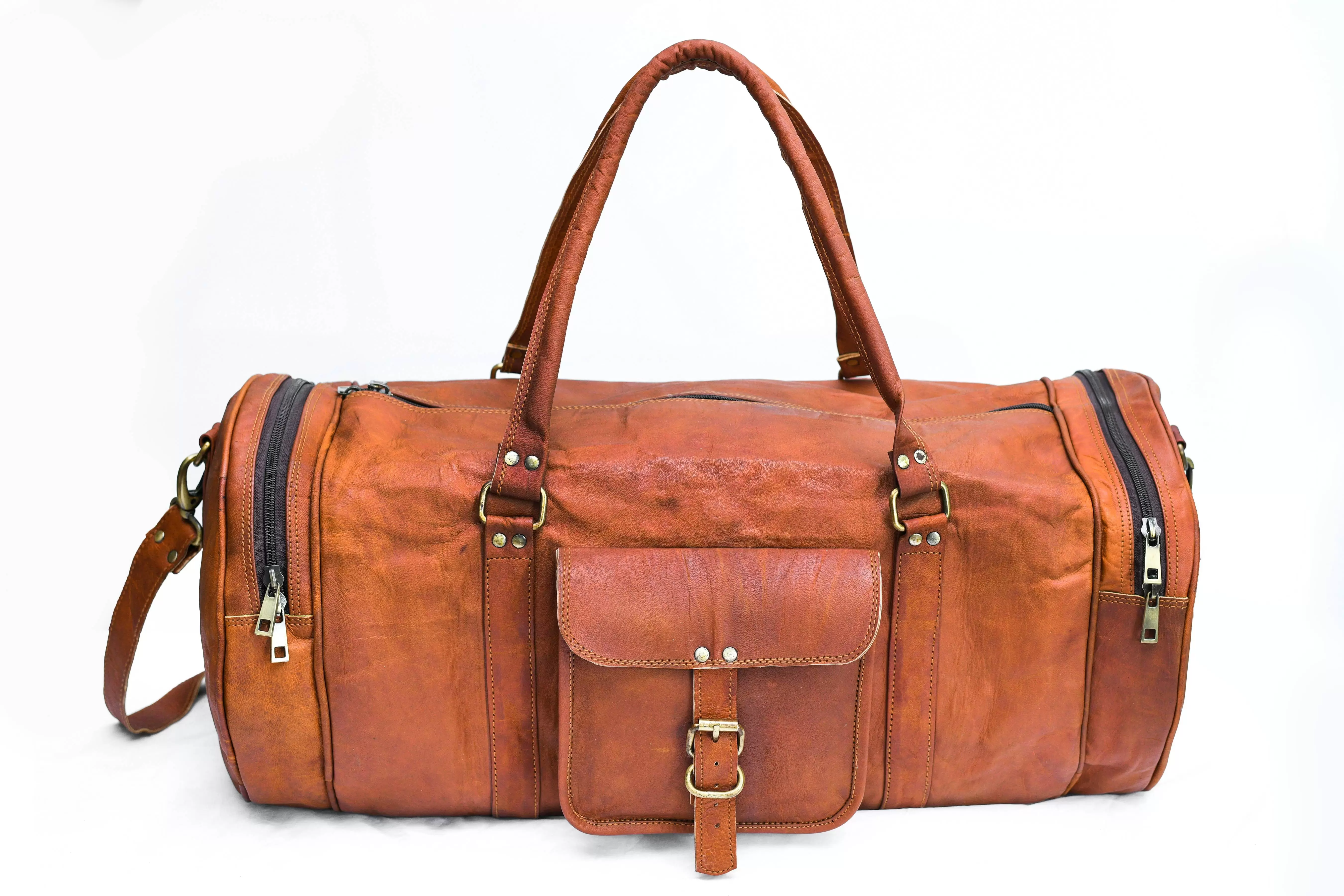 LARGE ROUND Travel Duffel Bag Genuine Leather Weekend bag Weekender Carry-on travel bag Brown