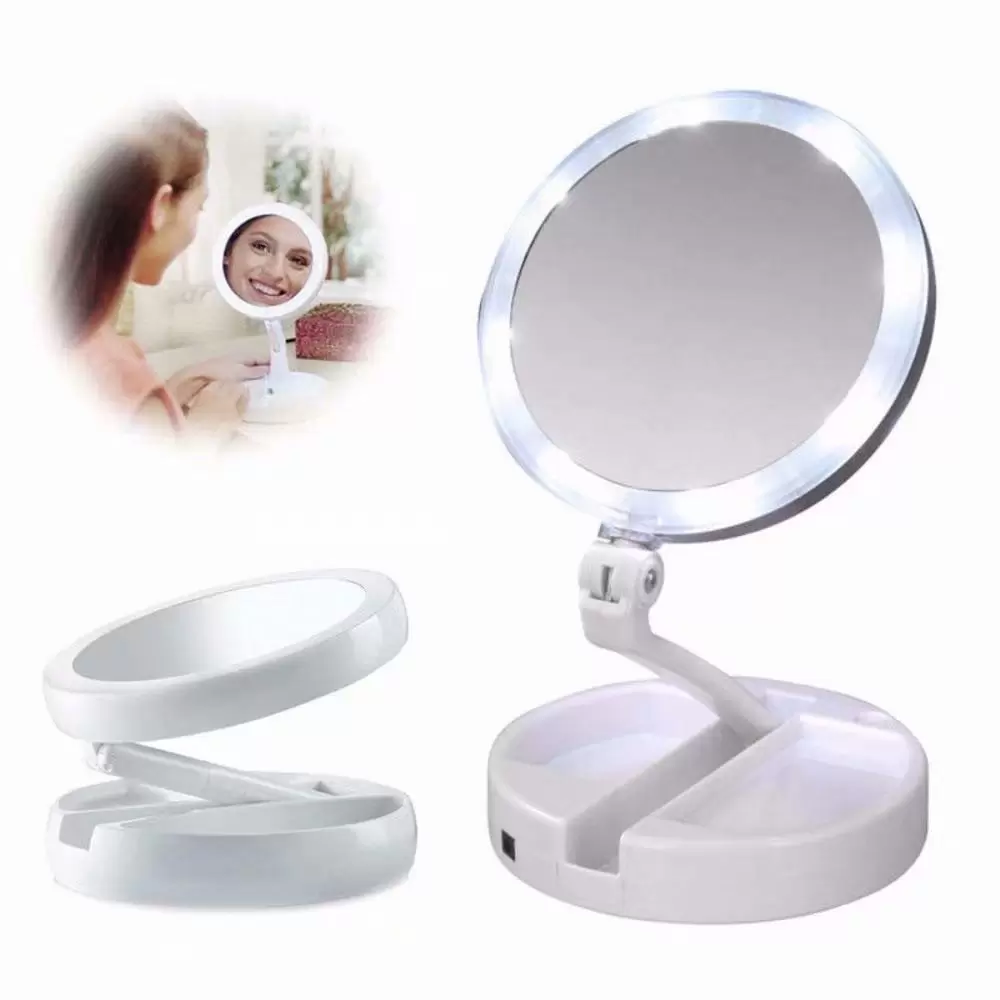 LED Travel Makeup Mirror. Portable Folding 1x/10x Magnifying LED Light Up Double Side Makeup Mirror Tabletop Batteries or USB Charging White