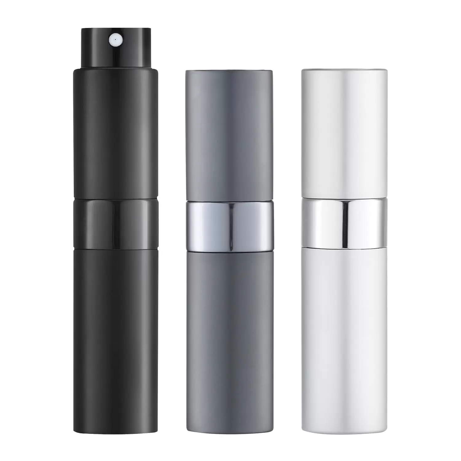 LISAPACK 8ML Atomizer Perfume Spray Bottle for Travel 3 PCS. Empty Refillable Cologne Dispenser. Portable Sprayer (Black. Grey. Silver)