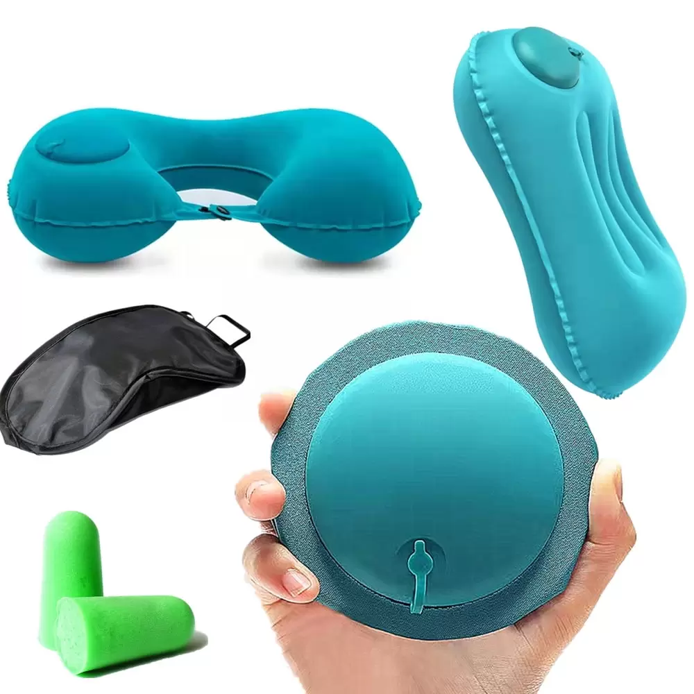 LafaVida 4Pcs Travel Pillows Set.Inflatable U Shape Neck Pillow.Waist Support Cushion .Earplugs Eye Mask Kit Green