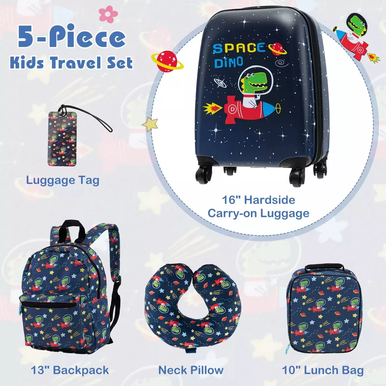 Laicejoy Kid's Luggage Set. 5-Piece Suitcase Set w/ 15 Carry-on Hardside Spinner Toddler Luggage. 13 Backpack. Neck Pillow