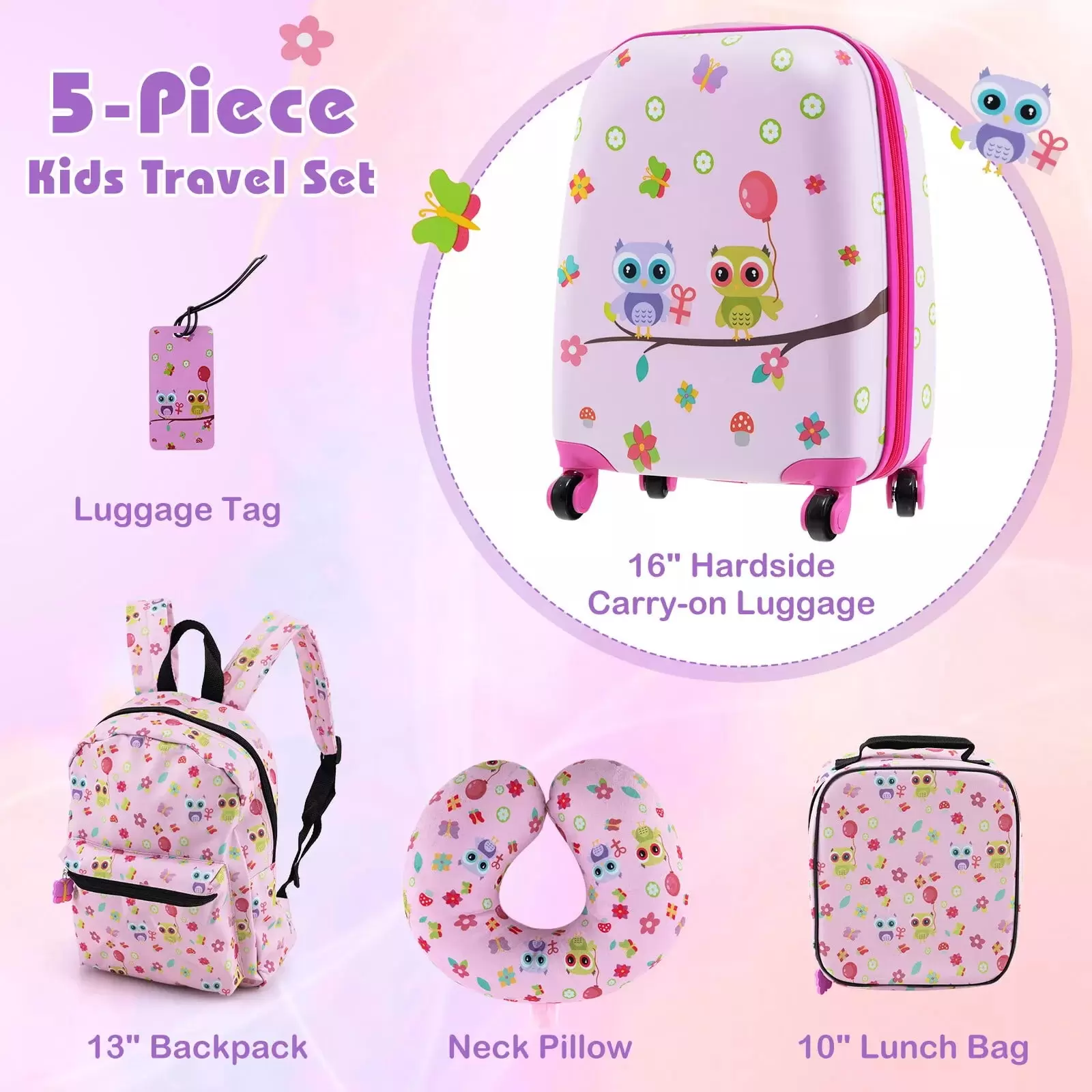 Laicejoy Kid's Luggage Set. 5-Piece Suitcase Set w/ 15 Carry-on Hardside Spinner Toddler Luggage. 13 Backpack. Neck Pillow