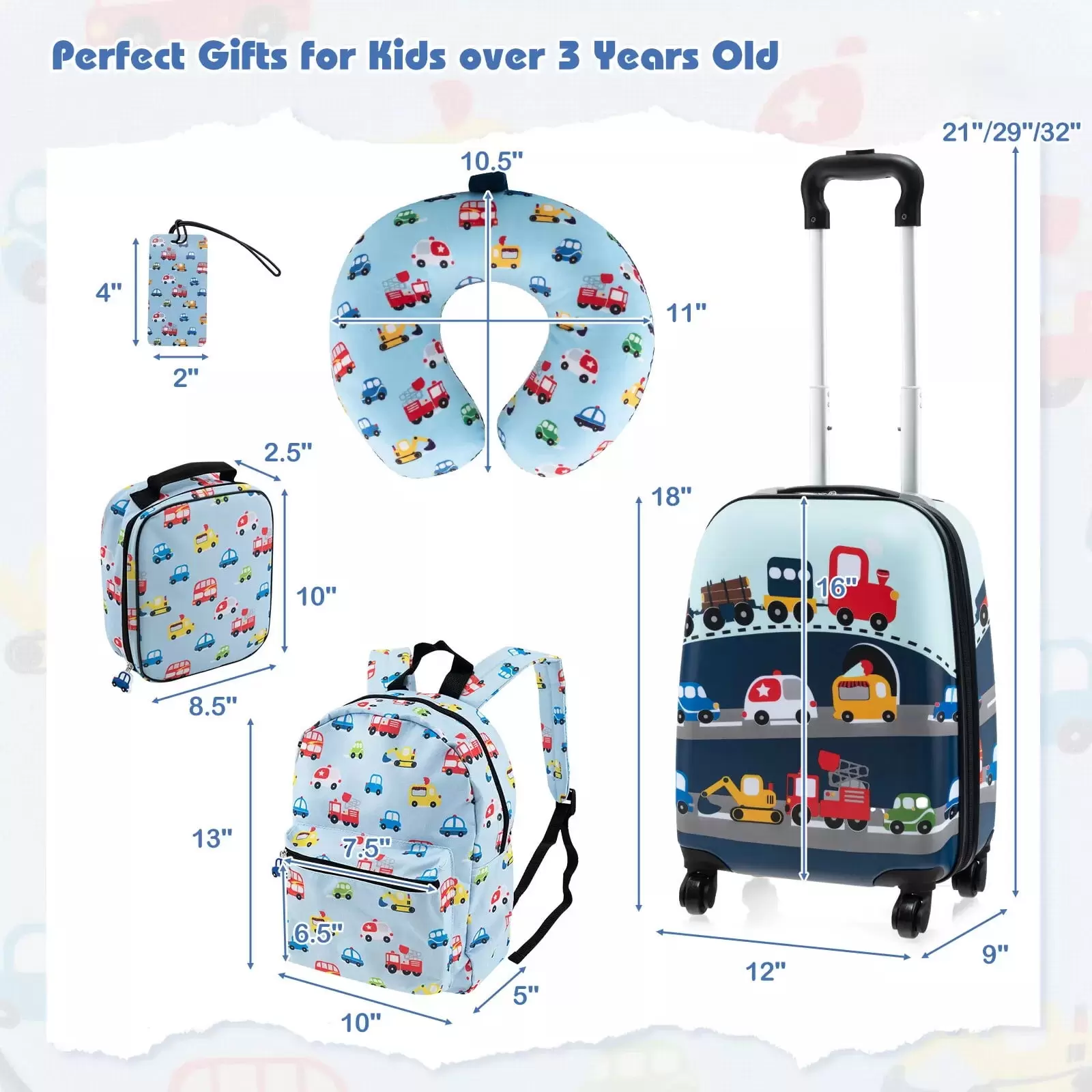 Laicejoy Kid's Luggage Set. 5-Piece Suitcase Set w/ 15 Carry-on Hardside Spinner Toddler Luggage. 13 Backpack. Neck Pillow