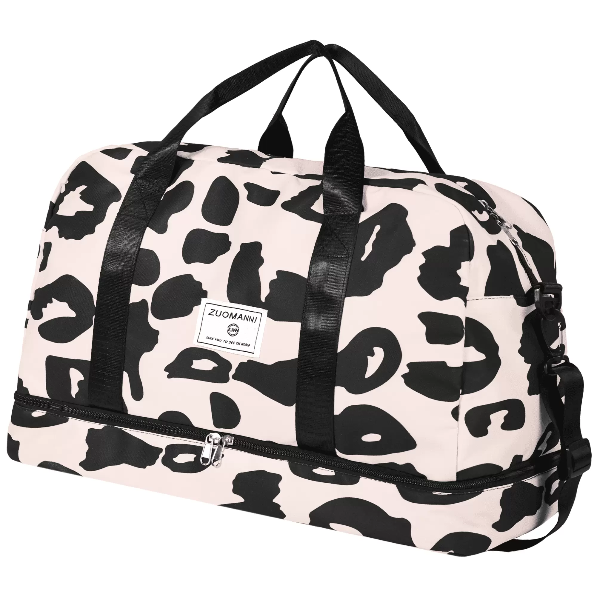 Large Travel Tote Bag. Waterproof Gym Bag. Weekend Carry On Duffel Bag. Beige Cow Pattern