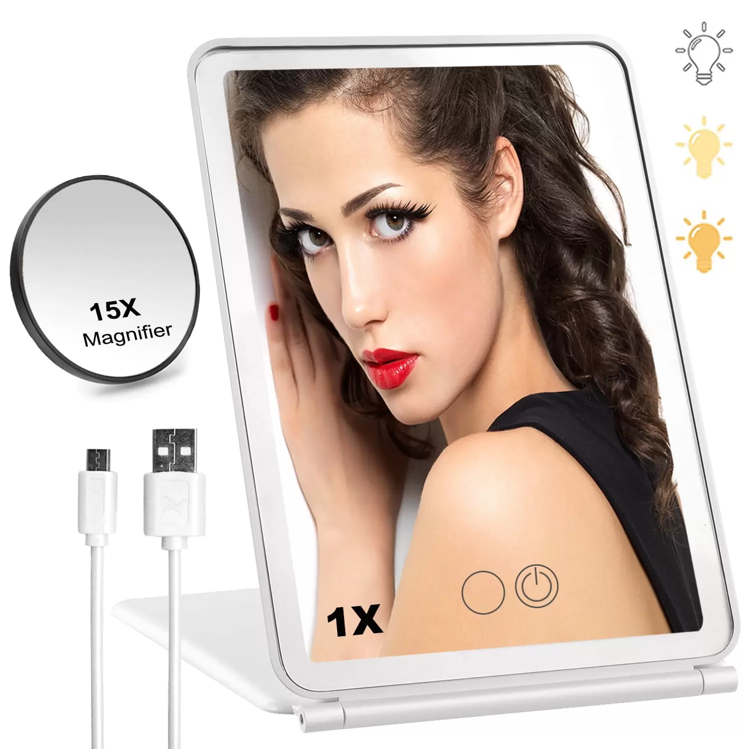 Lighted Makeup Mirror with 60 LED Lights. Portable Folding Travel Mirror LED Vanity Mirror with 15X Magnifying Mirror. 3 Color Lights. Touch Screen. USB Rechargeable