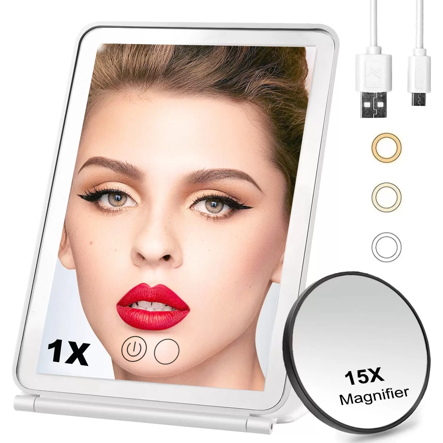 Lighted Makeup Mirror with 60 LED Lights. Travel Portable Folding Makeup Vanity Mirror with 15X Magnifying Mirror. 3 Colors Light. Touch Screen. USB Rechargeable