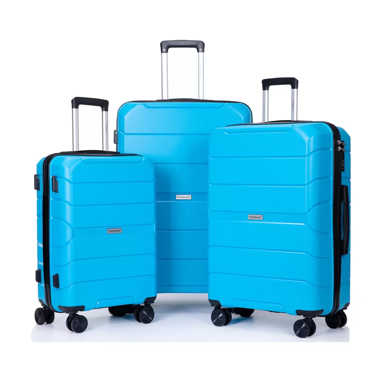 Lightweight Hardshell PP Suitcase Sets. Durable Luggage Sets with TSA Lock Two Hooks Adjustable Pull Rod 360?? Double Spinner Wheels Name Card. 3-Piece Set (20/24/28inch). Light Blue