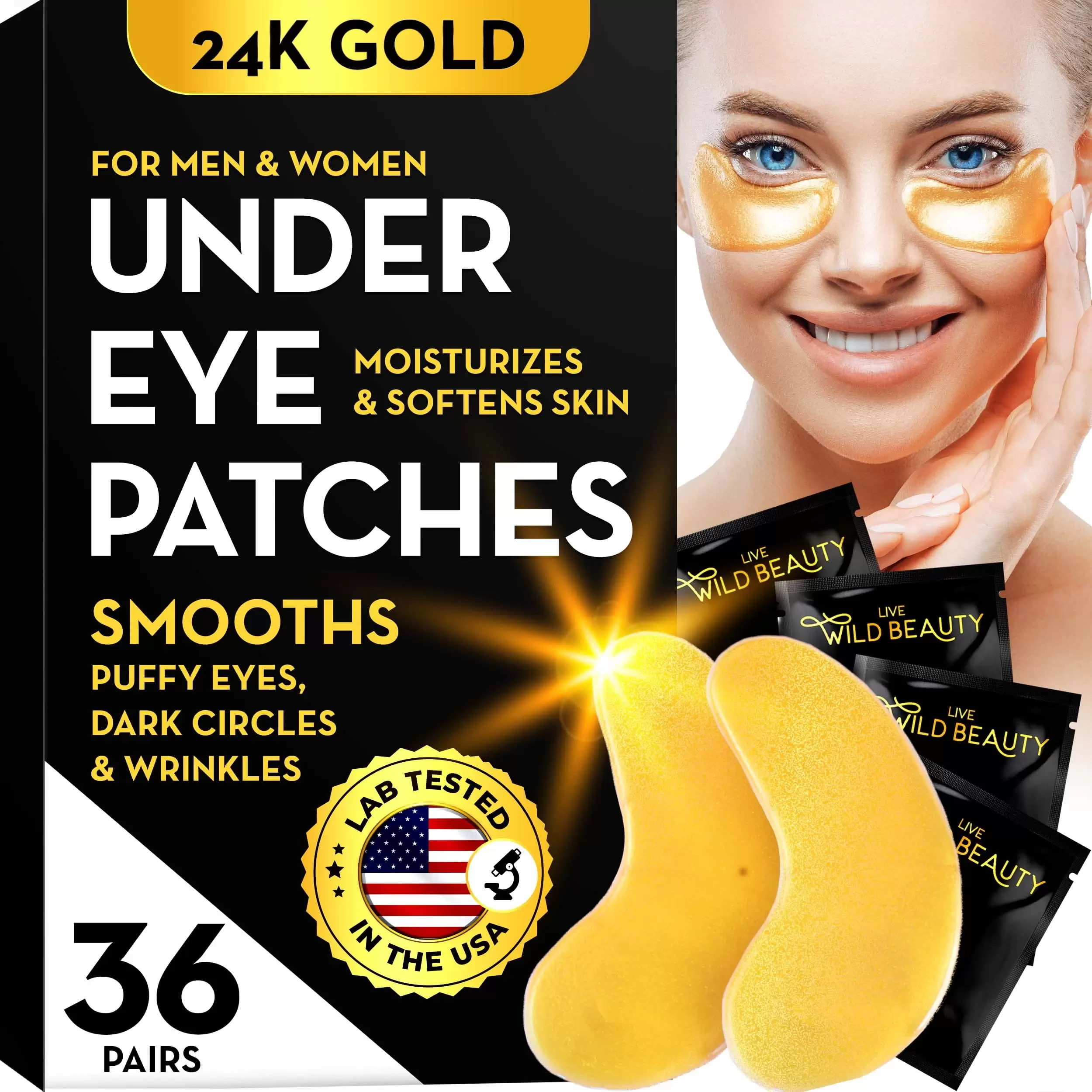 Live Wild Beauty Under Eye Patches for Puffy Eyes. 24k Gold Eye Mask for Dark Circles. 36 Pairs