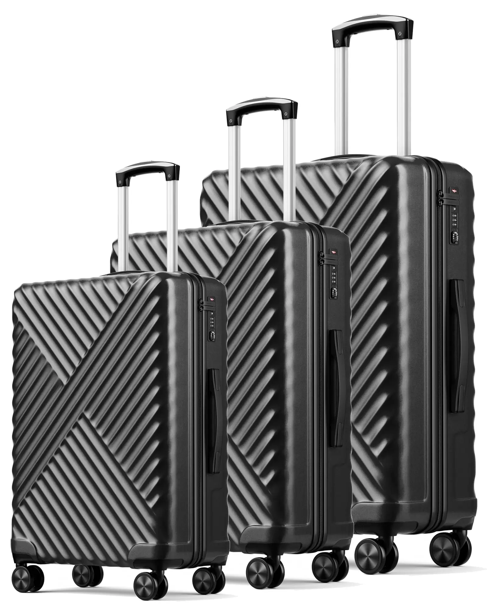 Luggage 3 Piece Set PC +ABS Suitcase Set with Wheels . Carry on and Checked luggage. Black