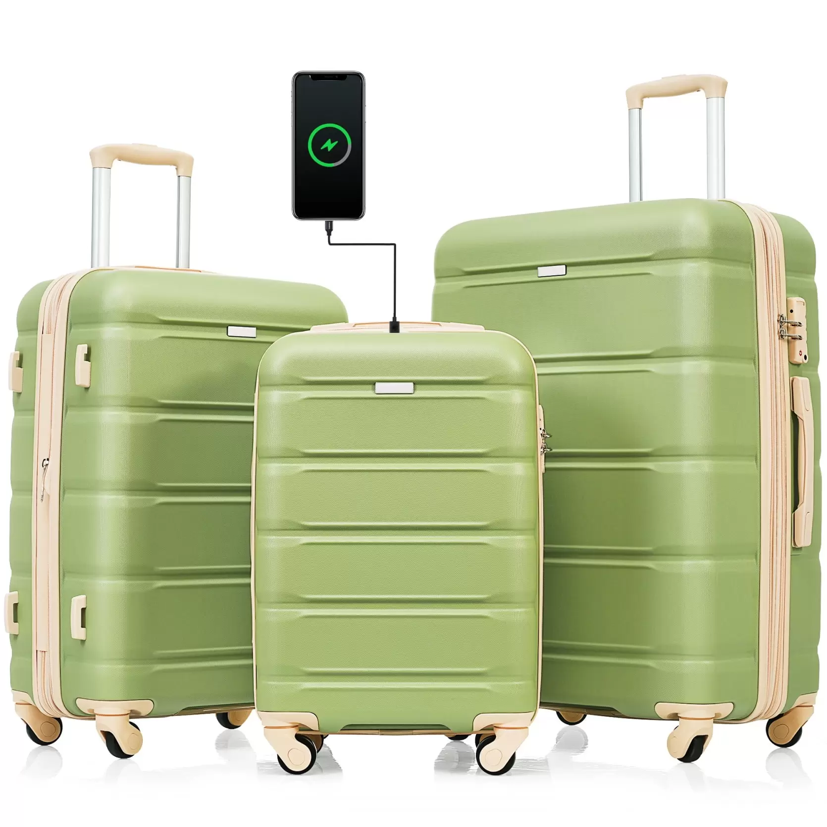 Luggage Set of 3. 20/24/28 Inch with USB Port. Airline Certified Carry-on Luggage with Cup Holder. ABS+PC Hard Shell Luggage with Spinner Wheels (Light Green)