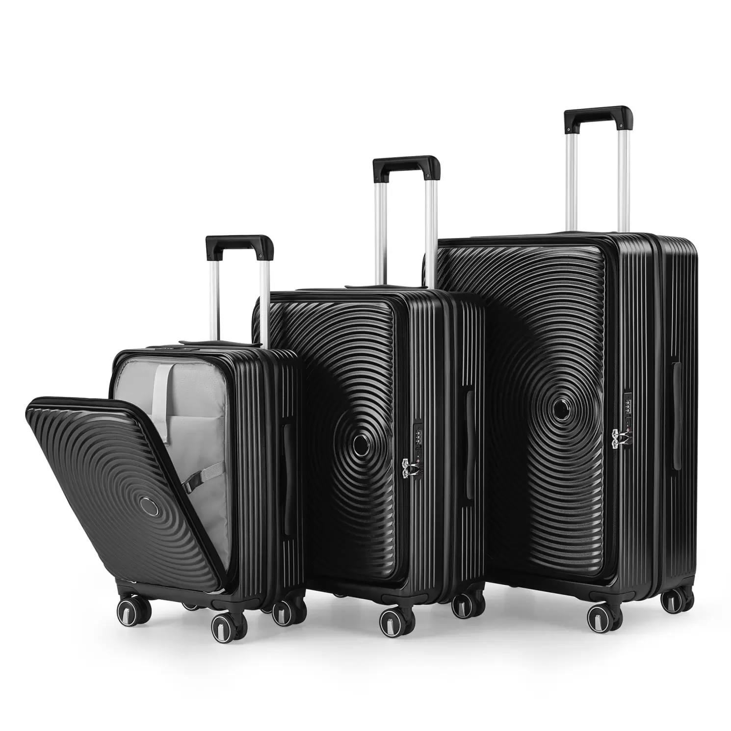 Luggage Sets 3 Piece(20/24/28). Expandable Suitcase with Front Pocket. Arline Approved TSA Lock and Spinner Wheels. PC Hard Shell and Lightweight Suitcase. with Clear PVC Suitcase Cover. Black